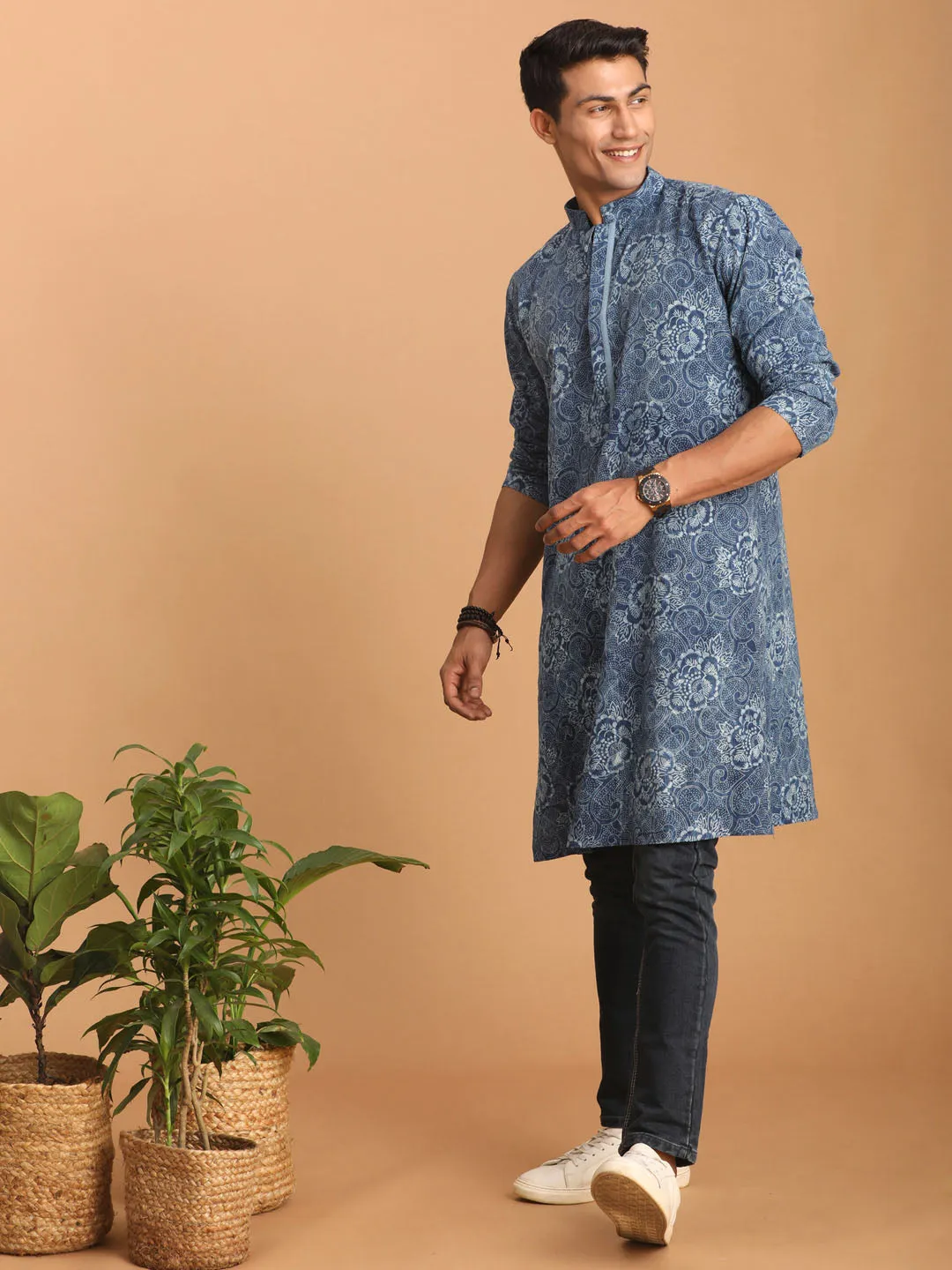 SHVAAS By VASTRAMAY Men's Blue Dot Printed Denim Kurta