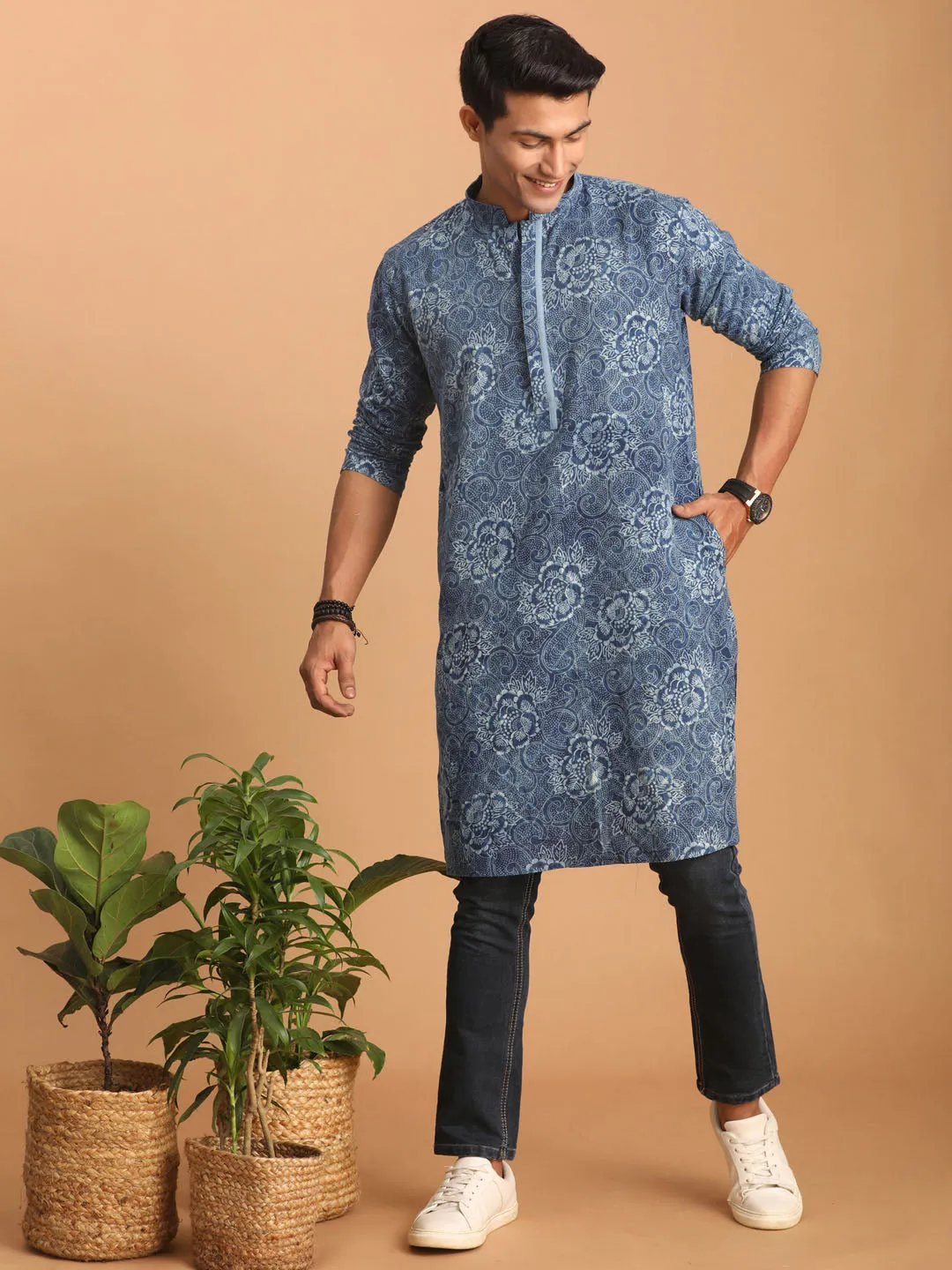 SHVAAS By VASTRAMAY Men's Blue Dot Printed Denim Kurta