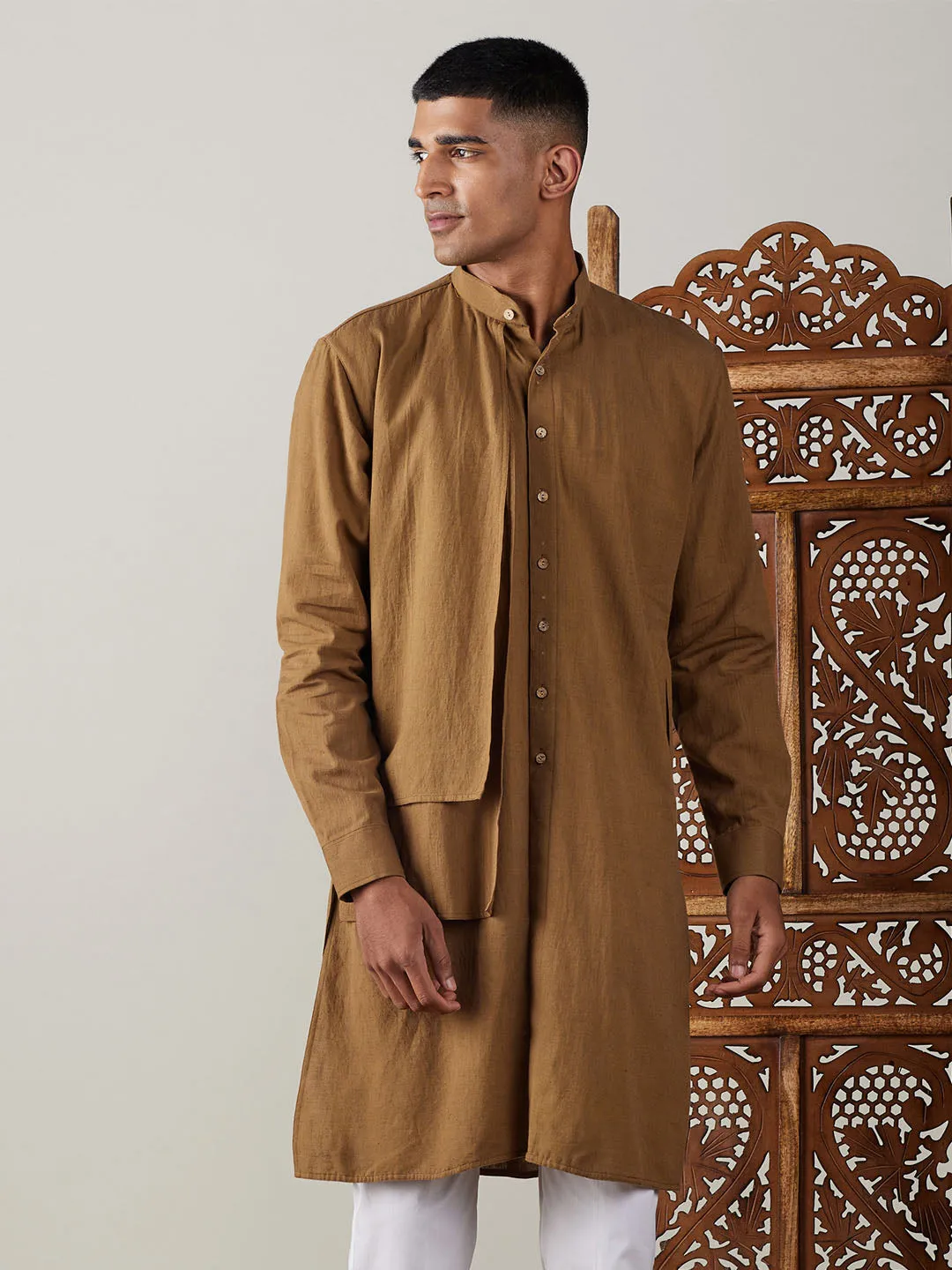 SHVAAS By VASTRAMAY Men's Coffee Cotton Cool Dyable Kurta