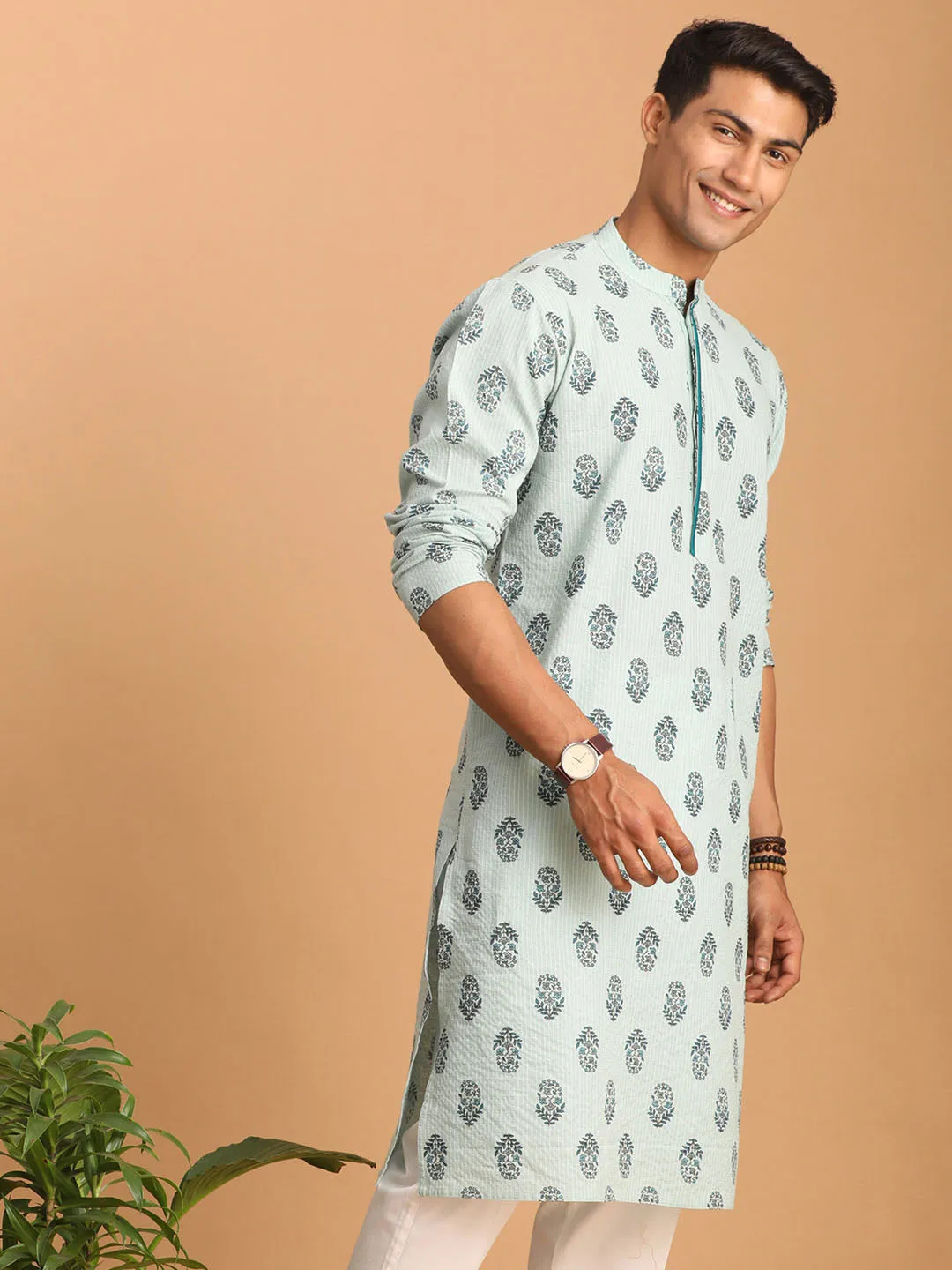 SHVAAS By VASTRAMAY Men's Light Green Ethnic Motif Printed Kurta