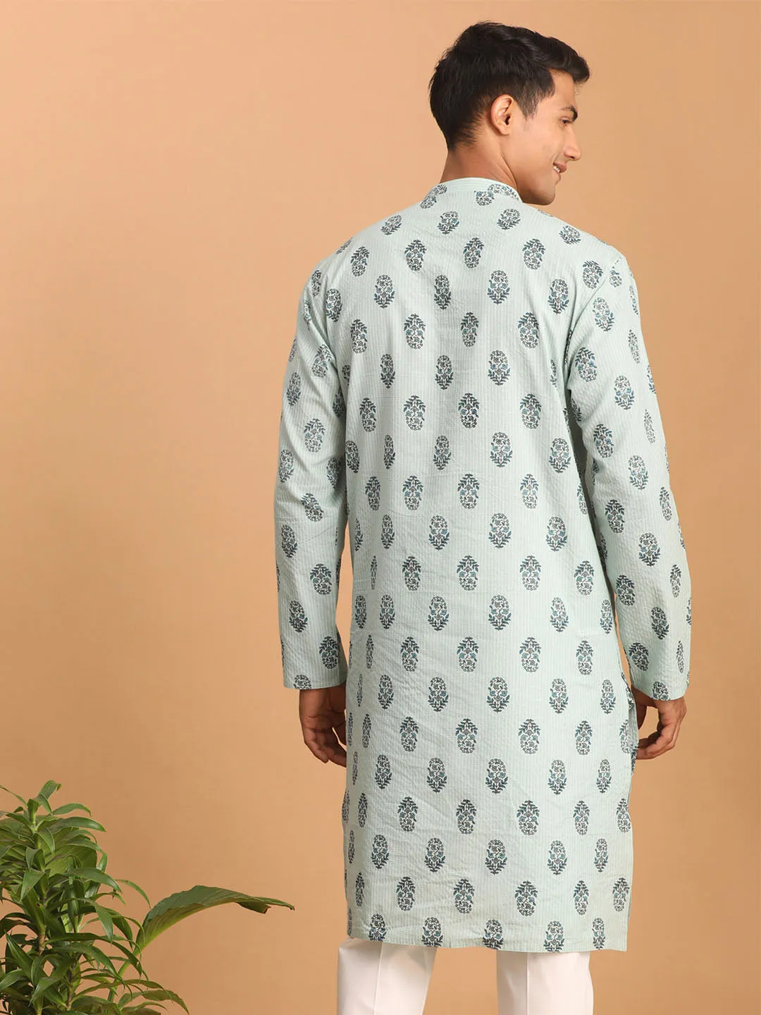 SHVAAS By VASTRAMAY Men's Light Green Ethnic Motif Printed Kurta