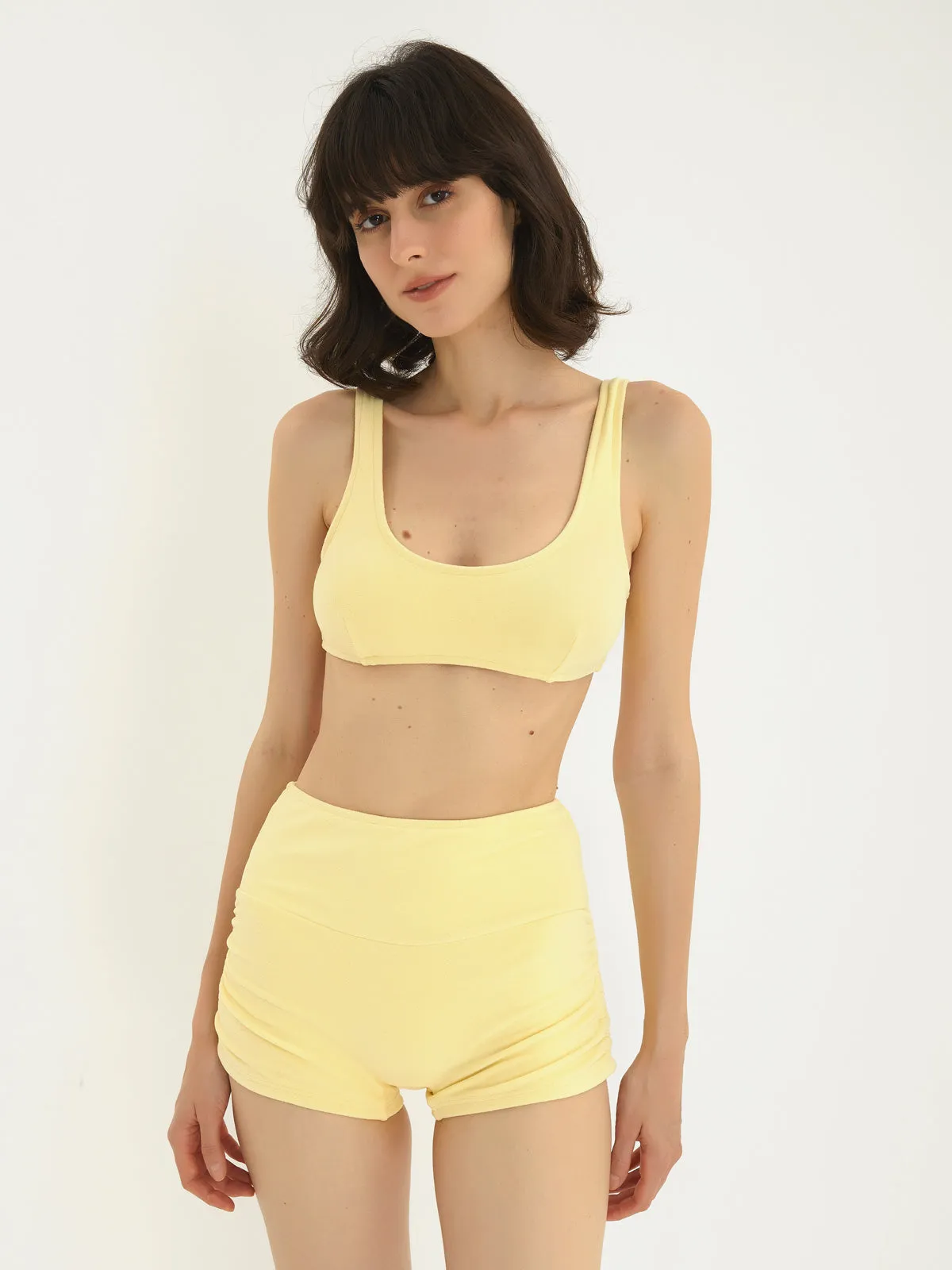 Solid U-neck Top with High Waisted Boyleg Swimwear