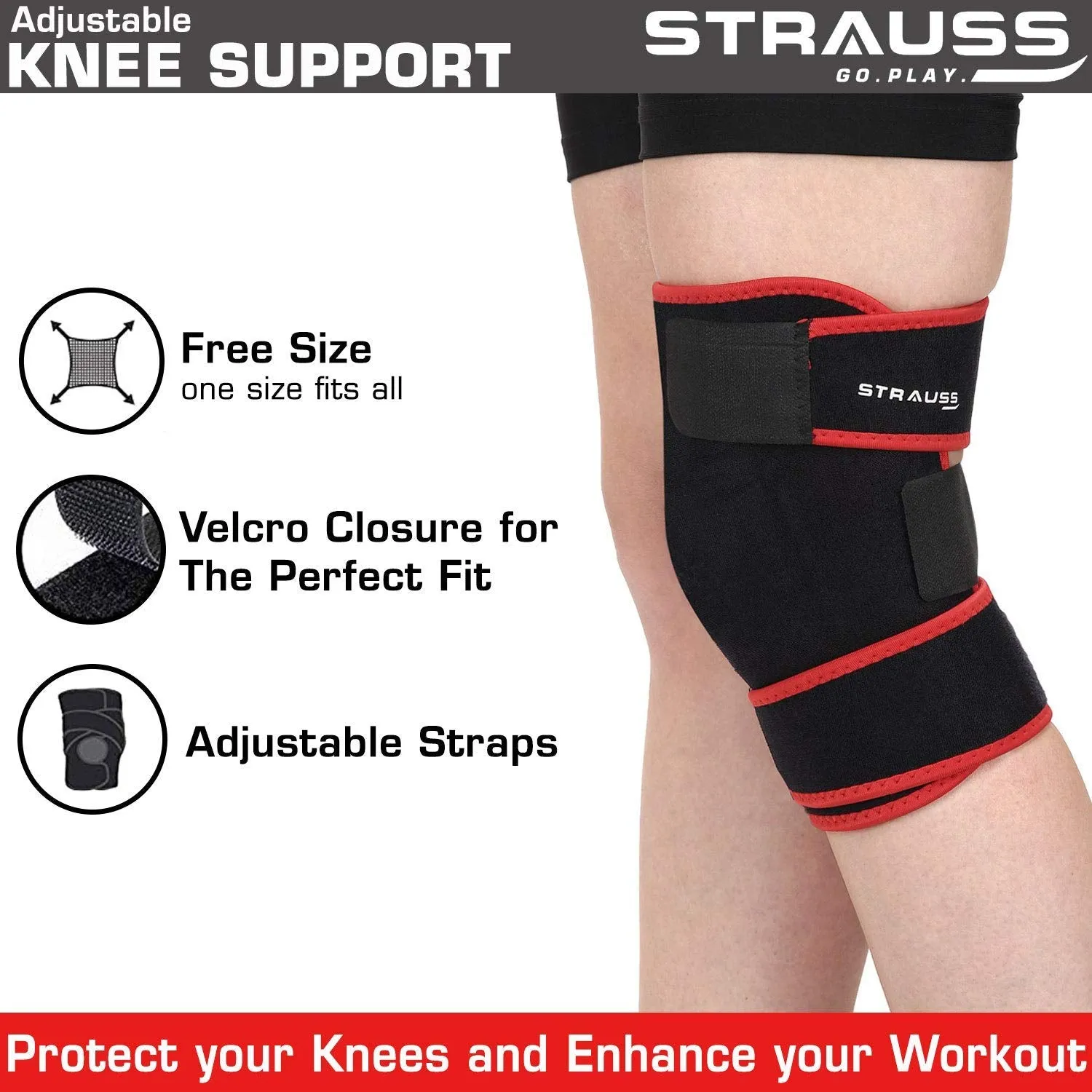 Strauss Adjustable Knee Support, Free Size (Black) and Wrist Support, Free Size (Black)