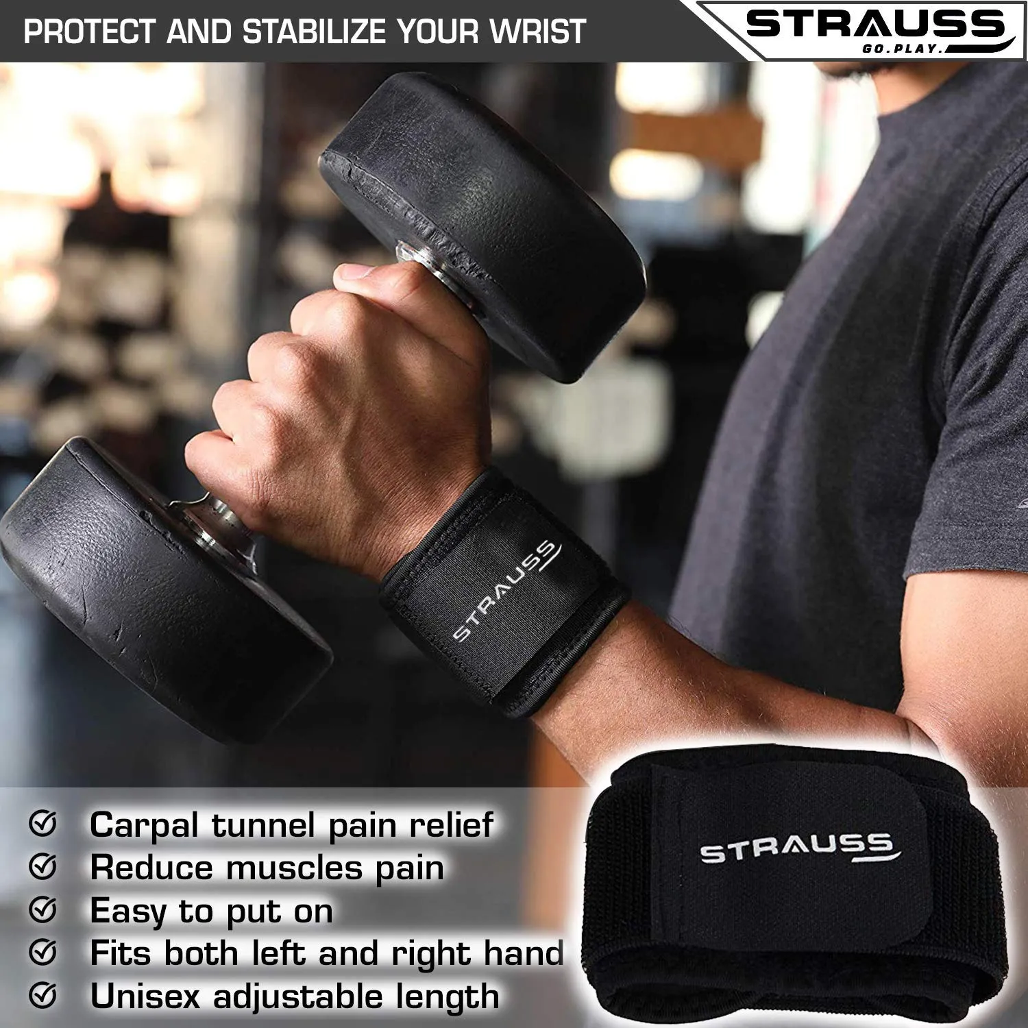 Strauss Adjustable Knee Support, Free Size (Black) and Wrist Support, Free Size (Black)