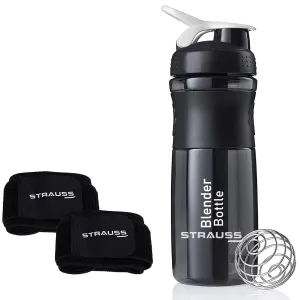 Strauss Blender Shaker Bottle 760ml, (Black) and Wrist Support Pair (Free Size, Black)