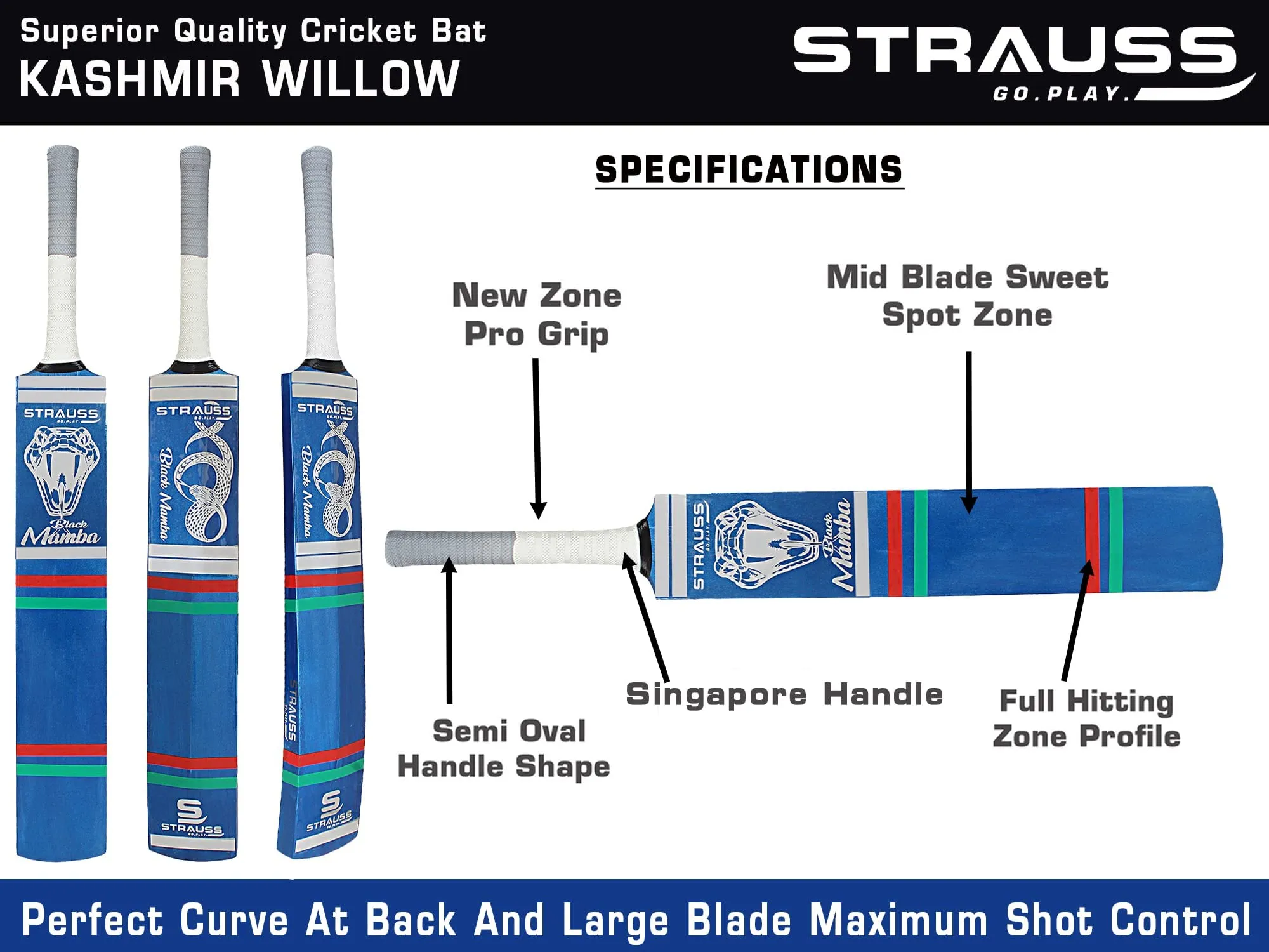 Strauss Cricket Bat | Edition: Black Mamba | Kashmir Willow | Black Mamba Tennis Cricket Bat | Full Size | Color: Blue | Tennis Ball Cricket Bat