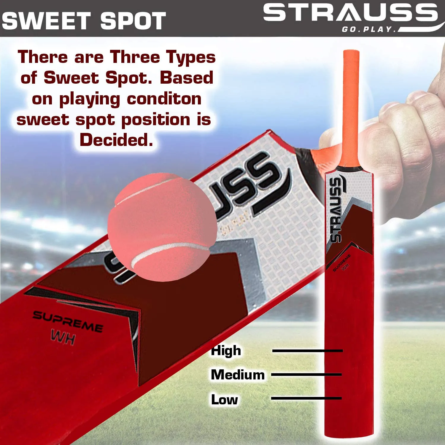 Strauss Supreme Scoop Tennis Cricket Bat,Full Duco,Red, (Wooden Handle)