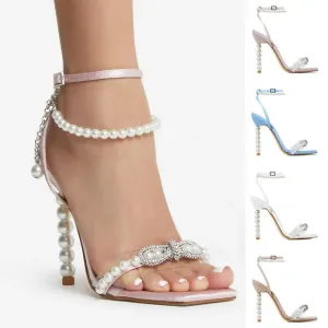 TAIVIMART  -  Luxury Rhinestone Soft Clear PVC Women Pumps Sexy Ankle Strap Pearls bowknot Thin High heels Fashion Summer Wedding Bridal Shoes