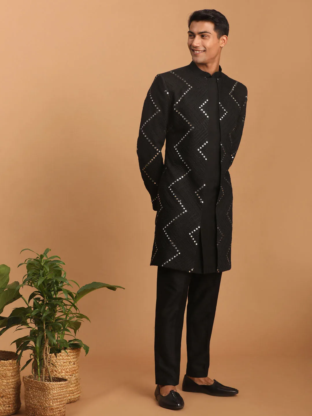 Vastramay Black Mirror Sherwani With Pant