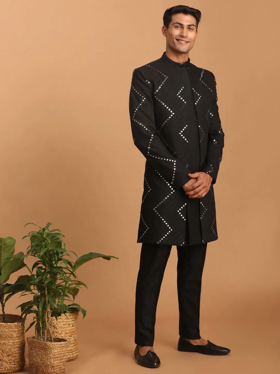 Vastramay Black Mirror Sherwani With Pant