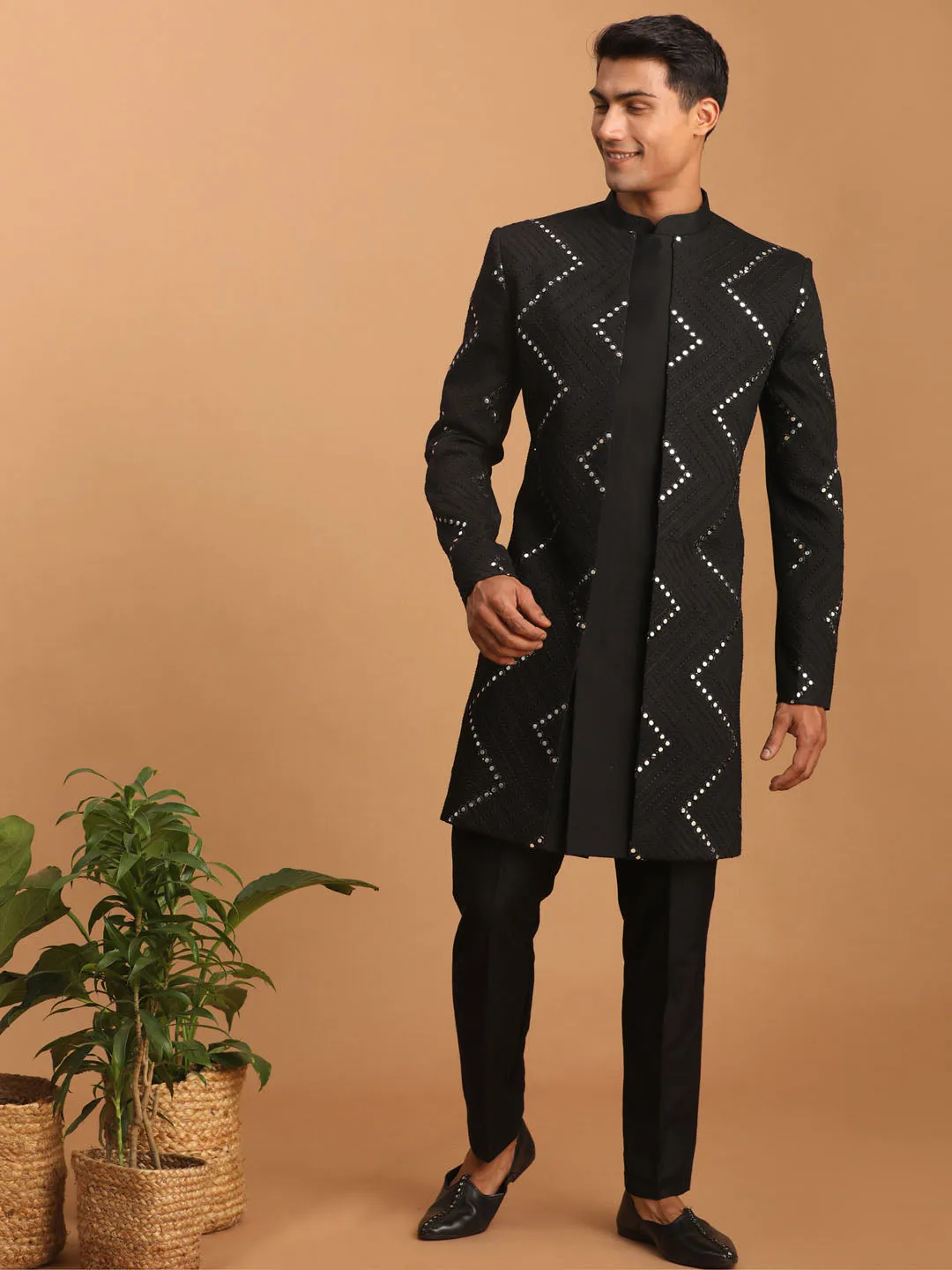 Vastramay Black Mirror Sherwani With Pant