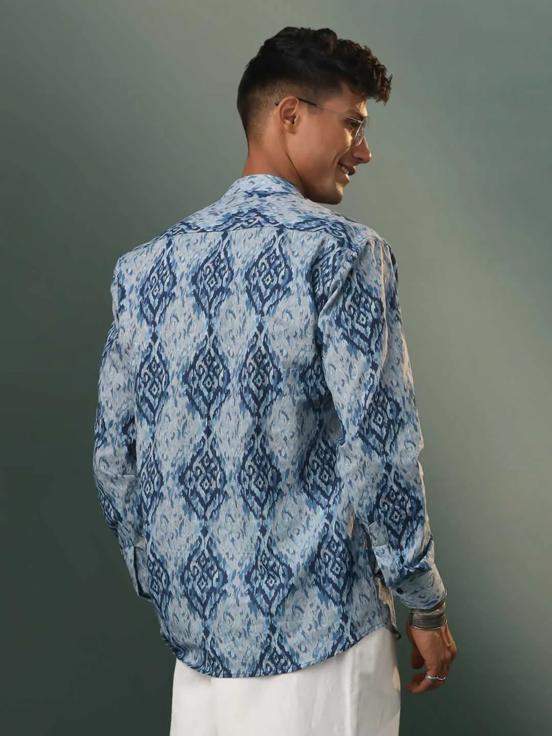 VASTRAMAY Blue & Grey Printed Cotton Kurta