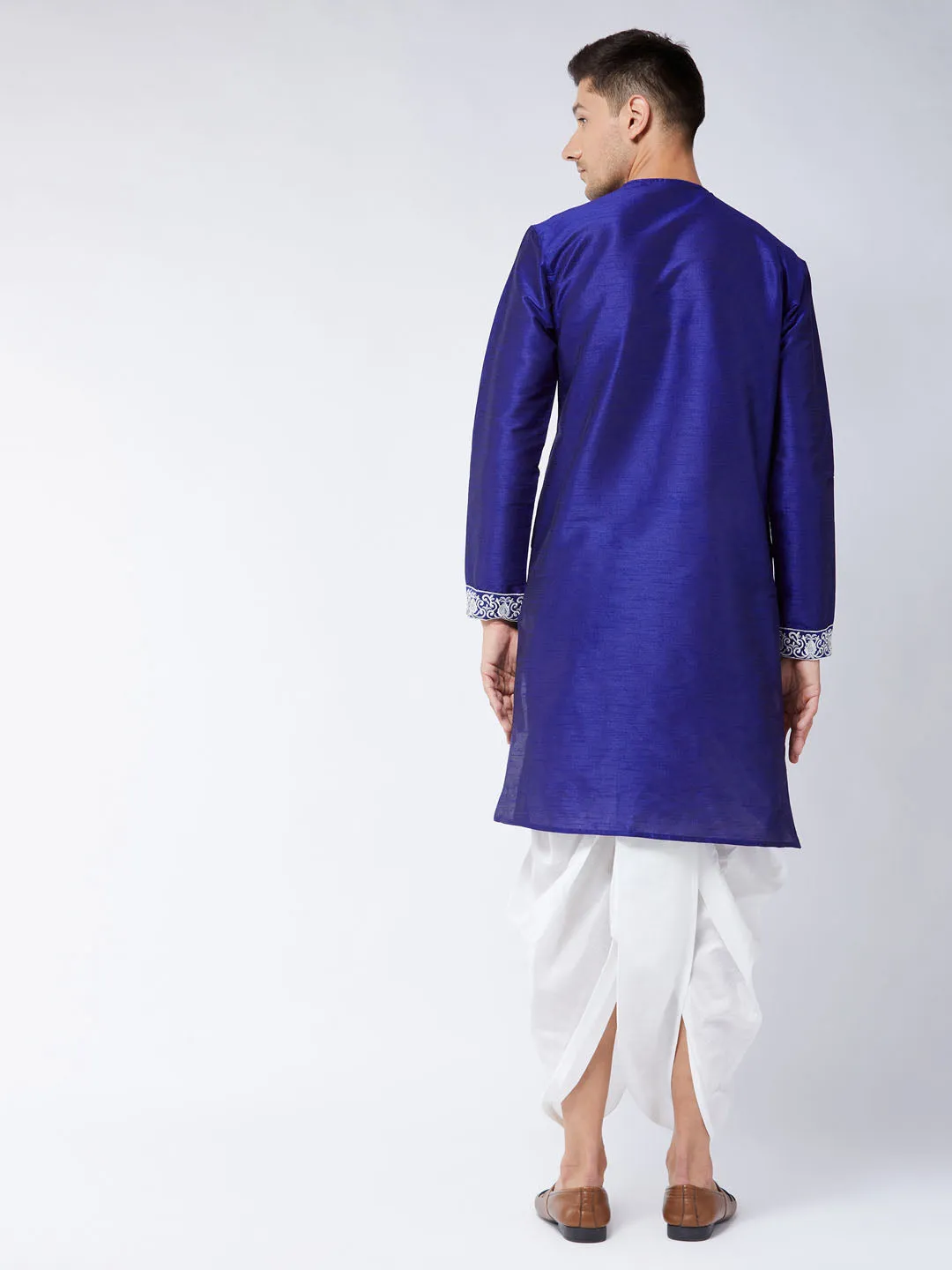 VASTRAMAY Blue & White Silk Blend Kurta Dhoti