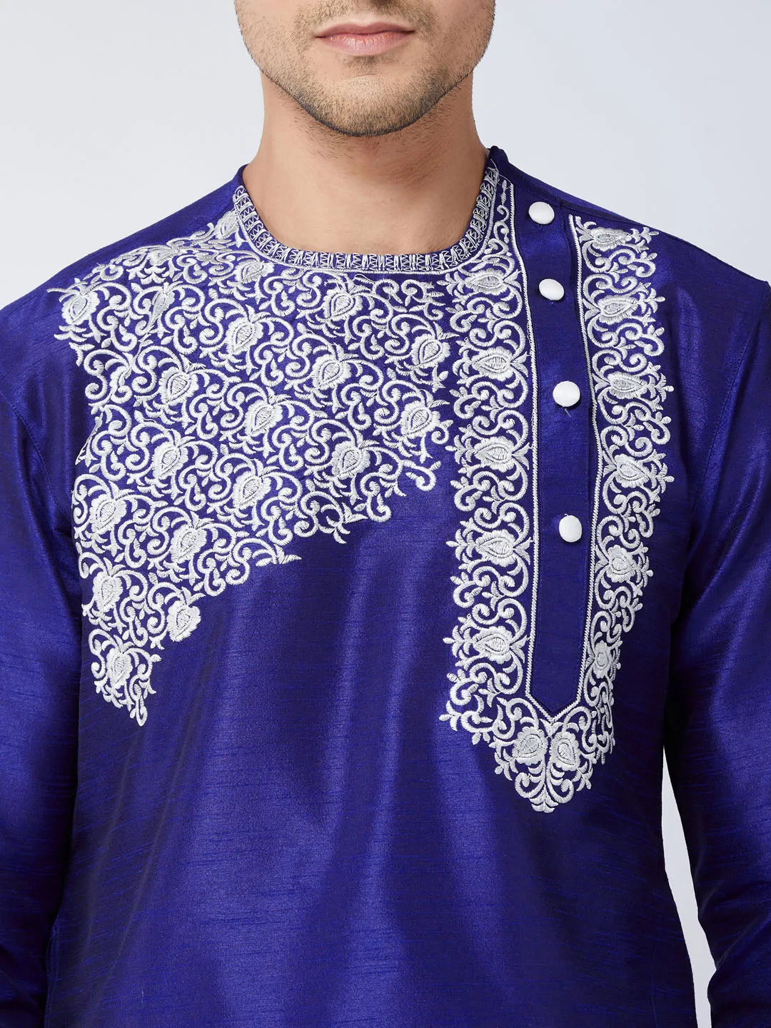 VASTRAMAY Blue & White Silk Blend Kurta Dhoti