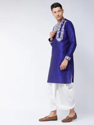 VASTRAMAY Blue & White Silk Blend Kurta Dhoti