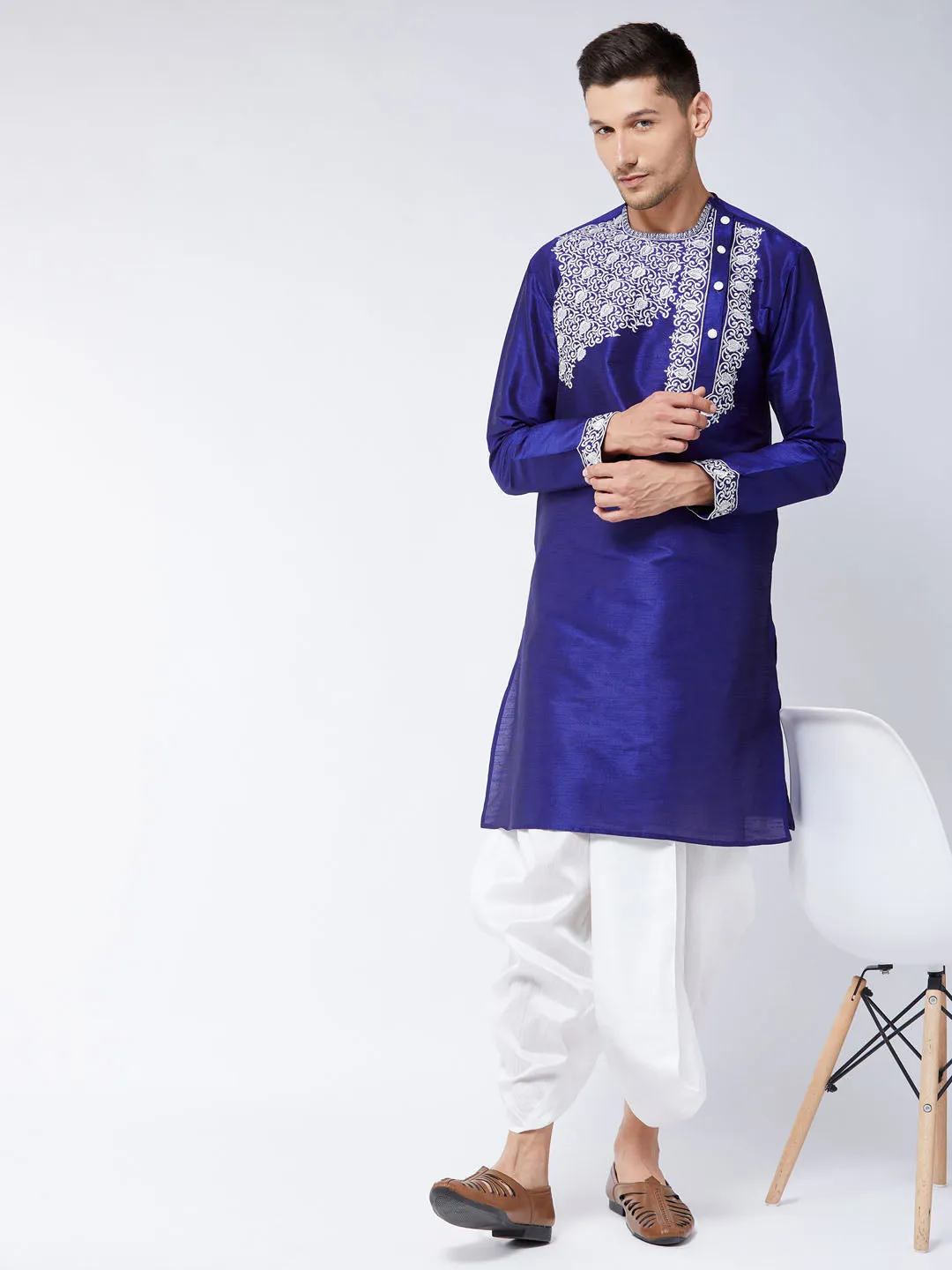 VASTRAMAY Blue & White Silk Blend Kurta Dhoti