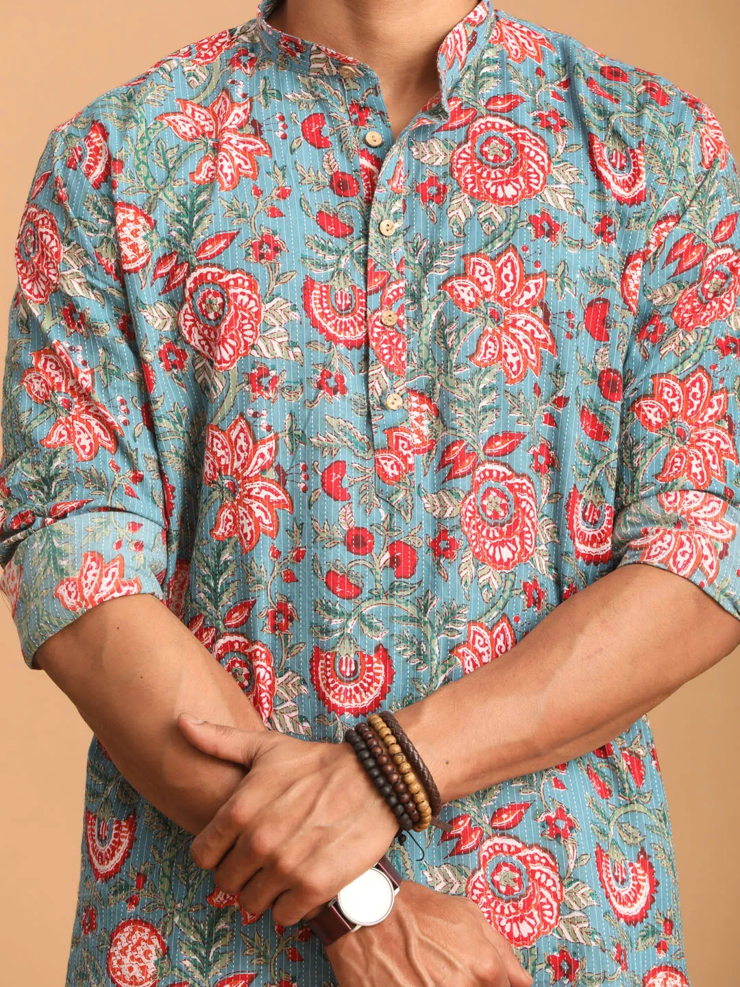 VASTRAMAY Blue Red Floral Cotton Kurta Set