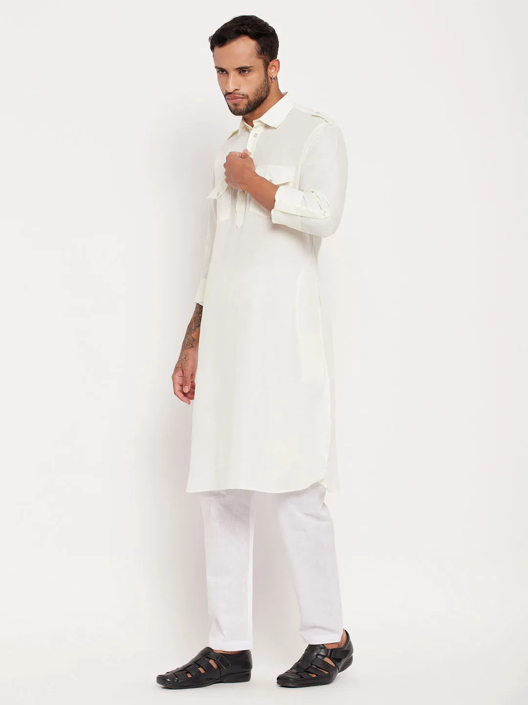 VASTRAMAY Cream & White Pathani Suit Set