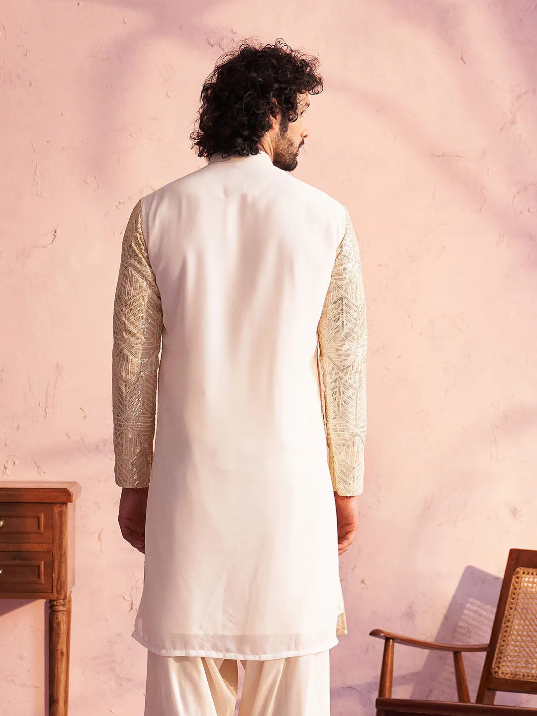 VASTRAMAY Cream Georgette Embellished Men's Kurta