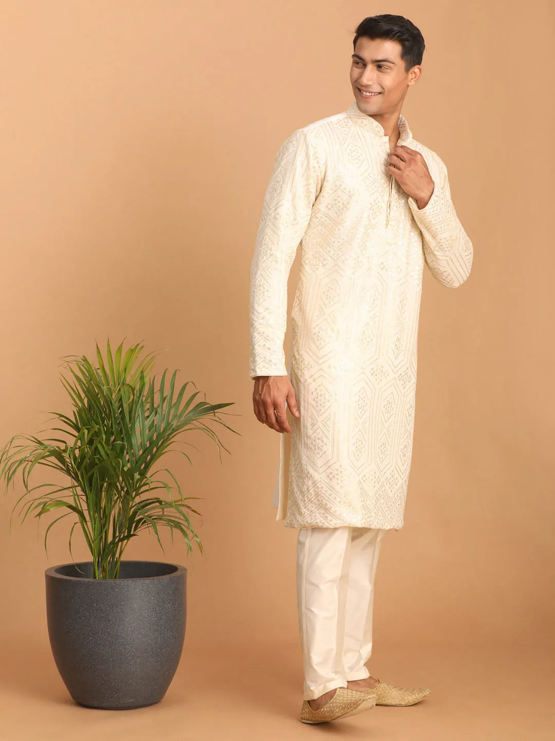 Vastramay Cream Golden Sequin Kurta Set