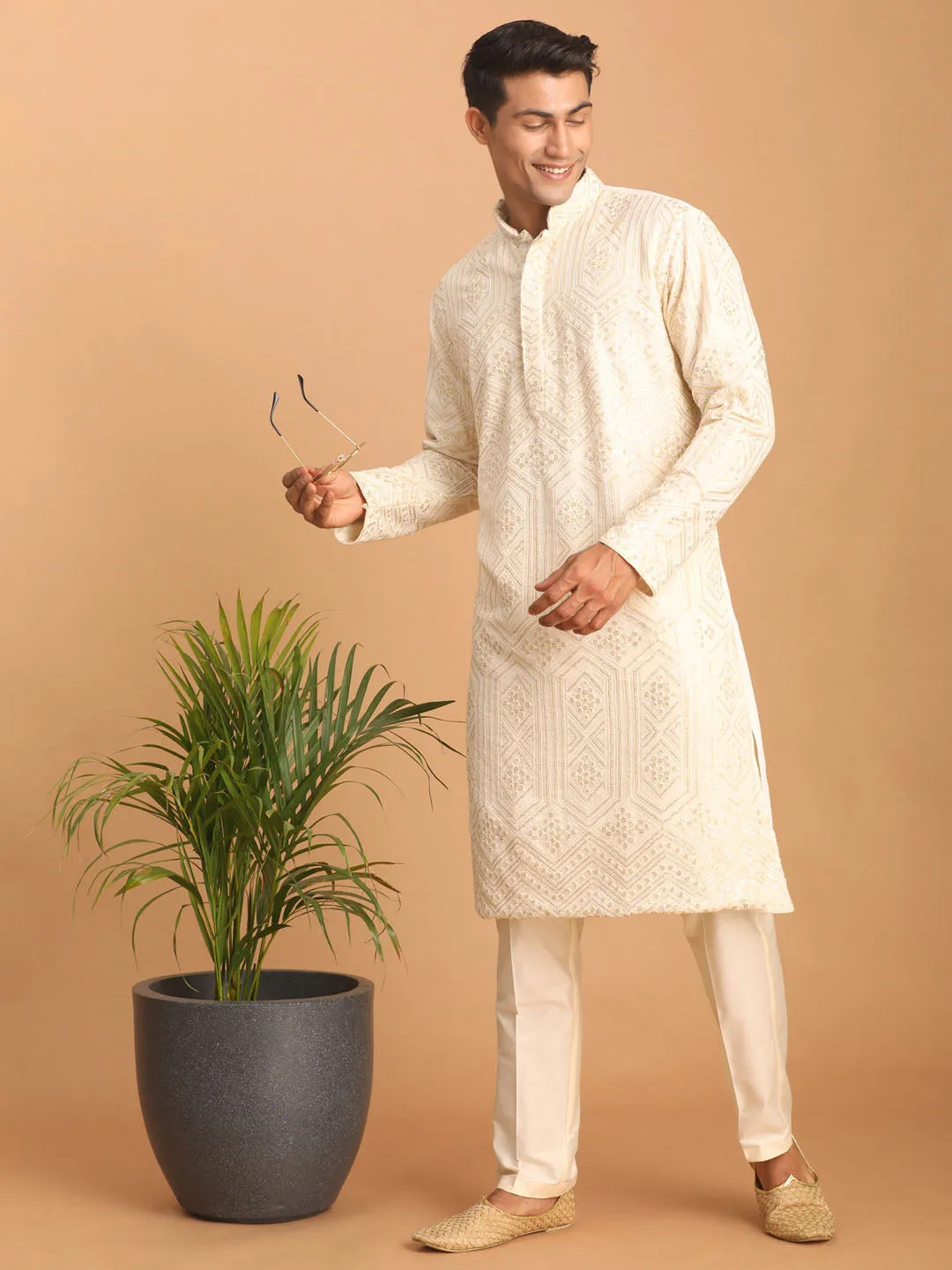 VASTRAMAY Cream Golden Sequin Kurta