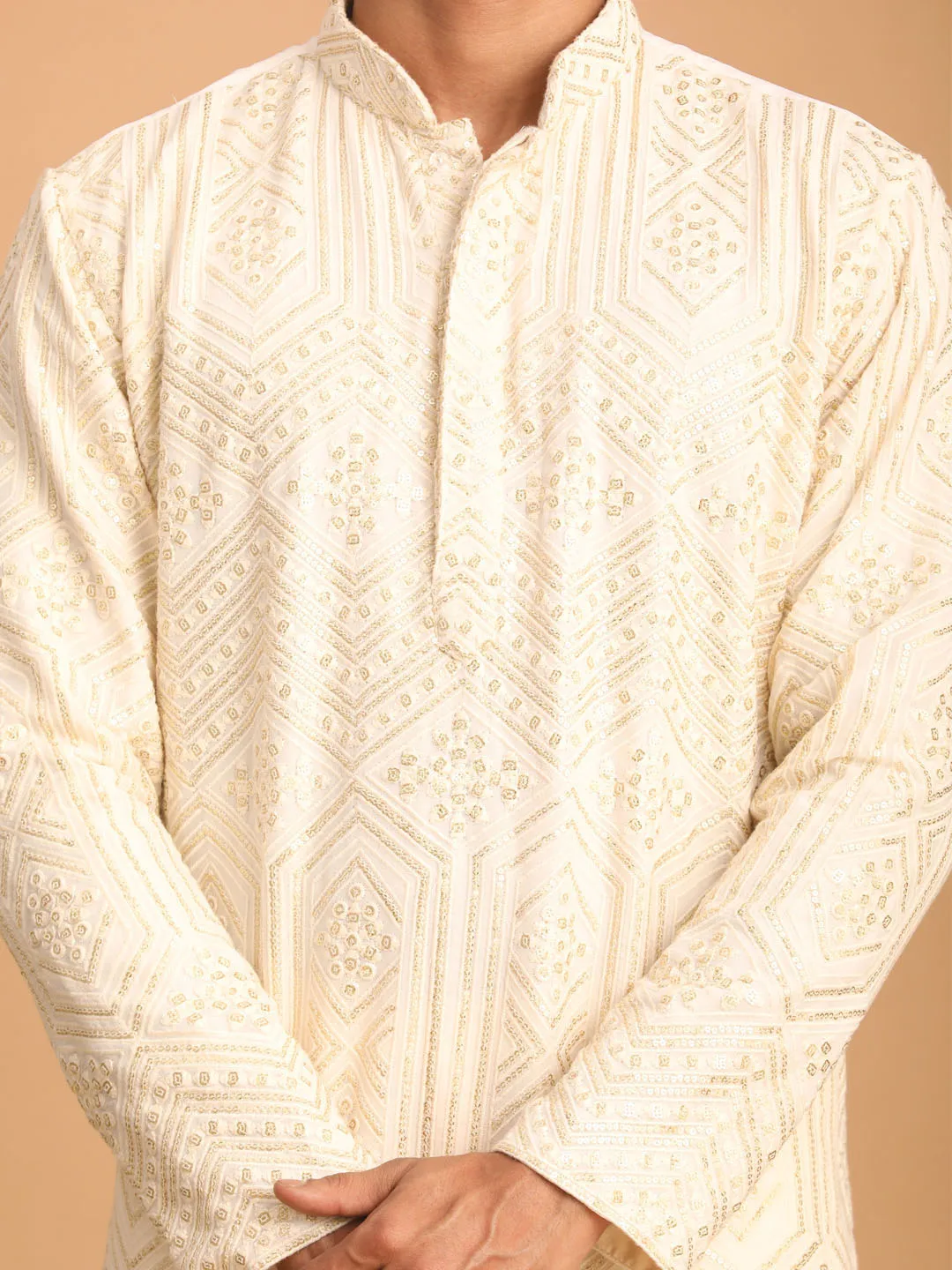 VASTRAMAY Cream Golden Sequin Kurta