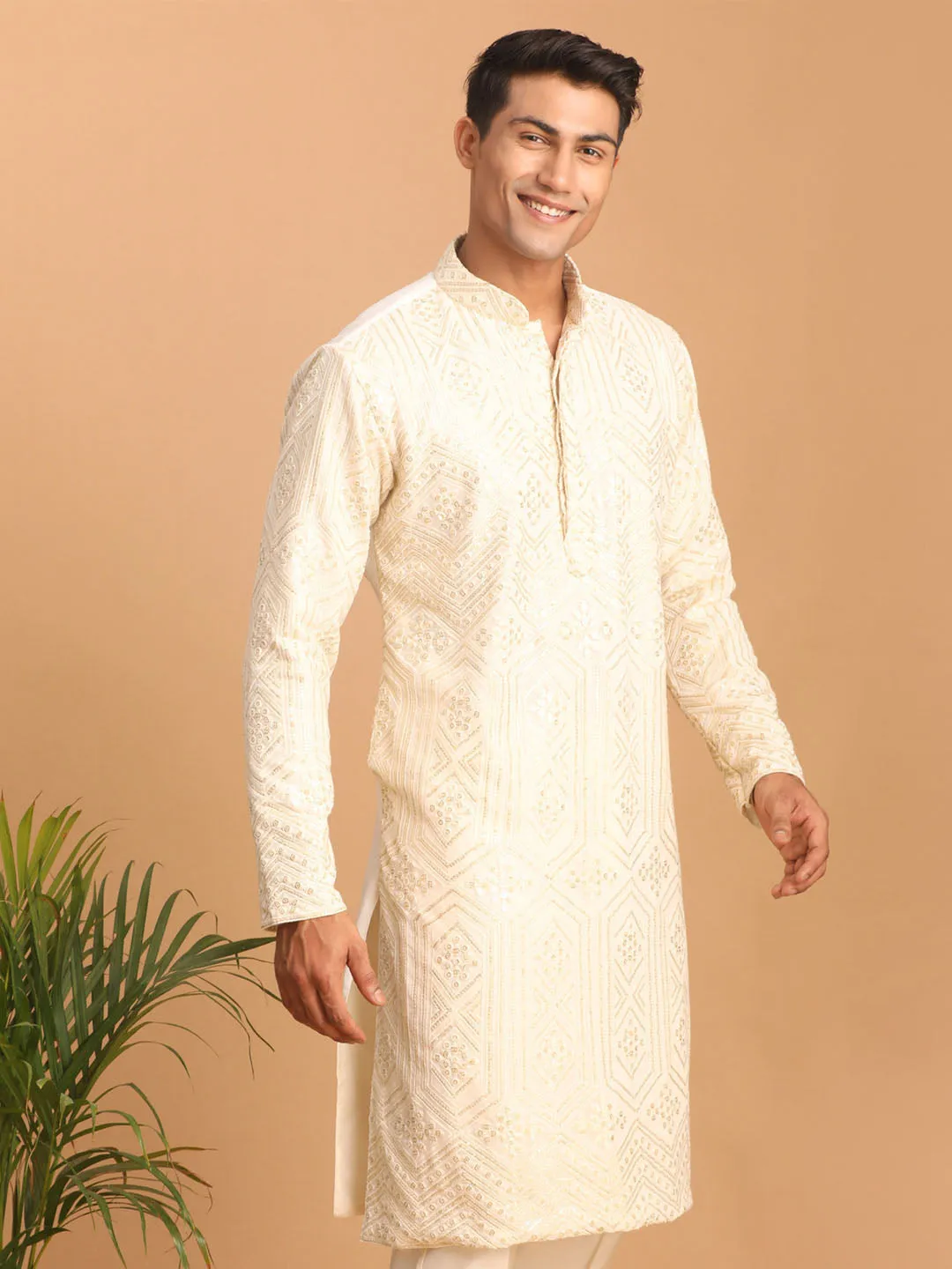 VASTRAMAY Cream Golden Sequin Kurta