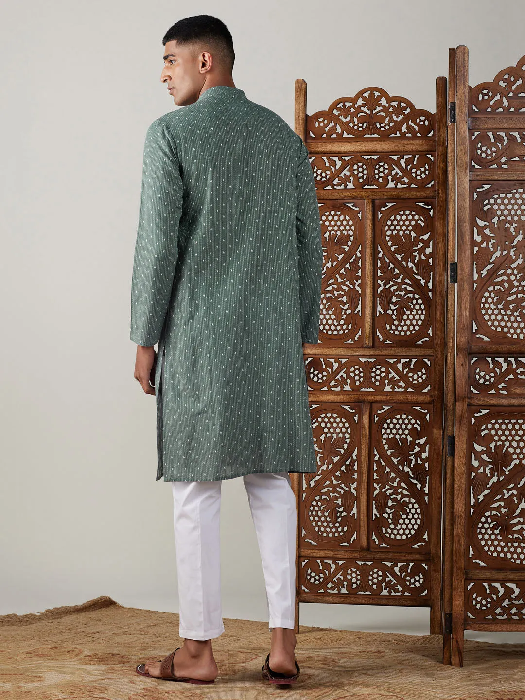 VASTRAMAY Green Cotton Jacquard Kurta Set