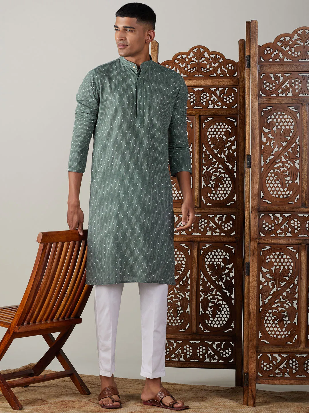 VASTRAMAY Green Cotton Jacquard Kurta Set