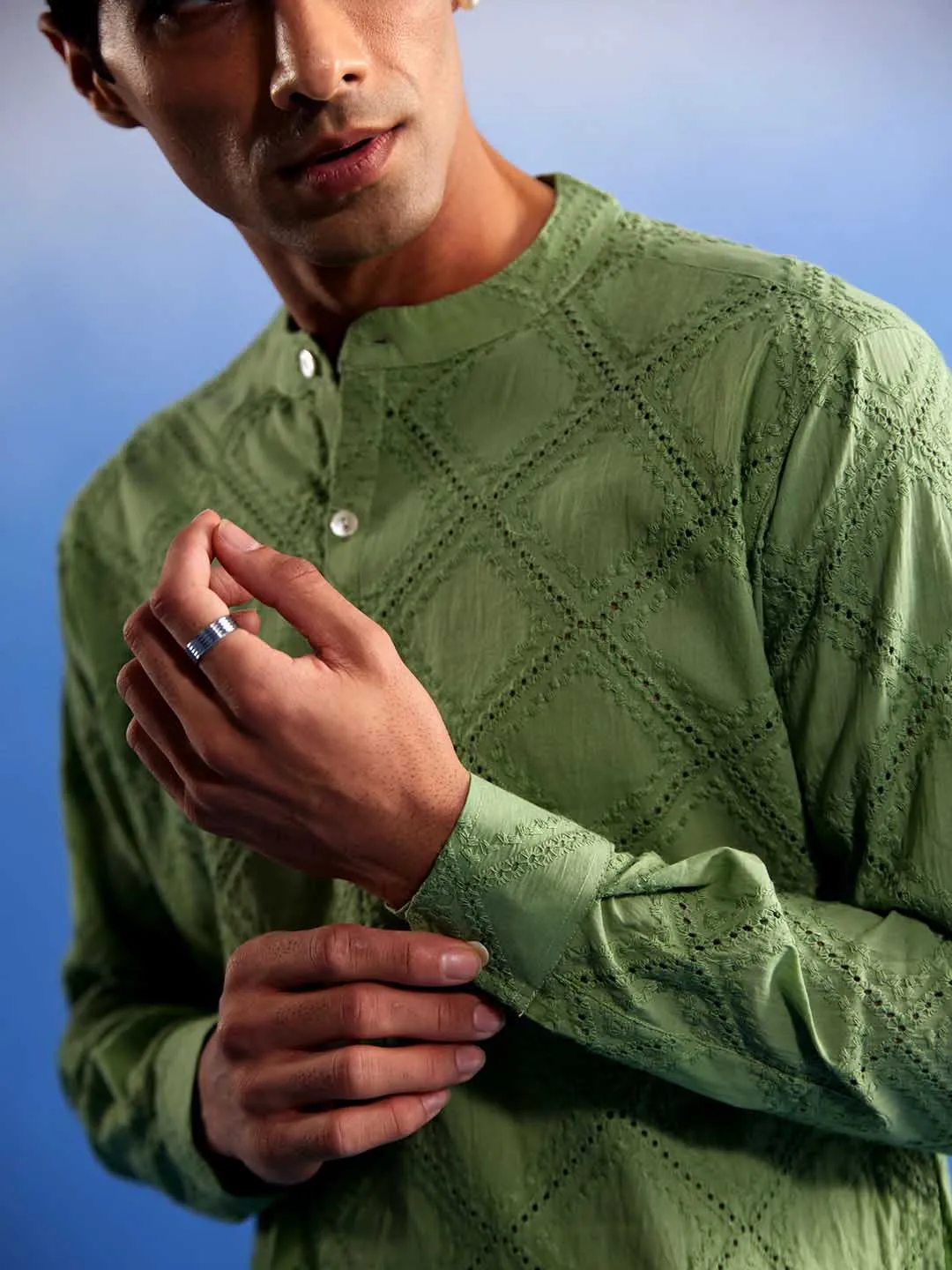 VASTRAMAY Green Hakooba Cotton Kurta Set