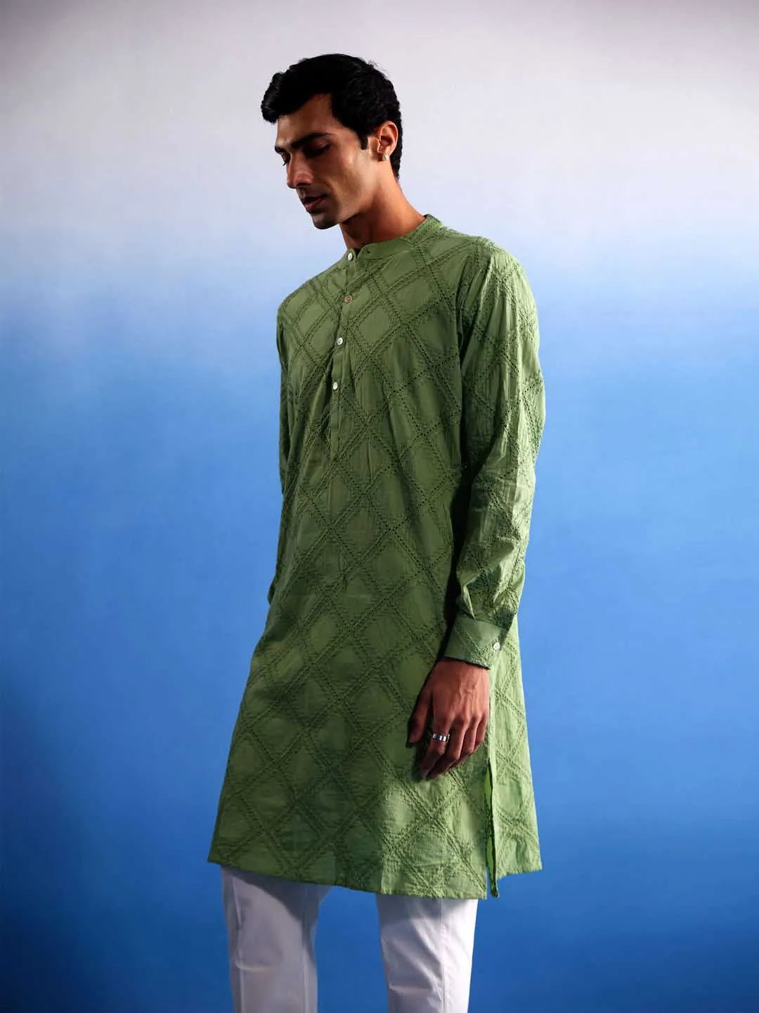 VASTRAMAY Green Hakooba Cotton Kurta Set