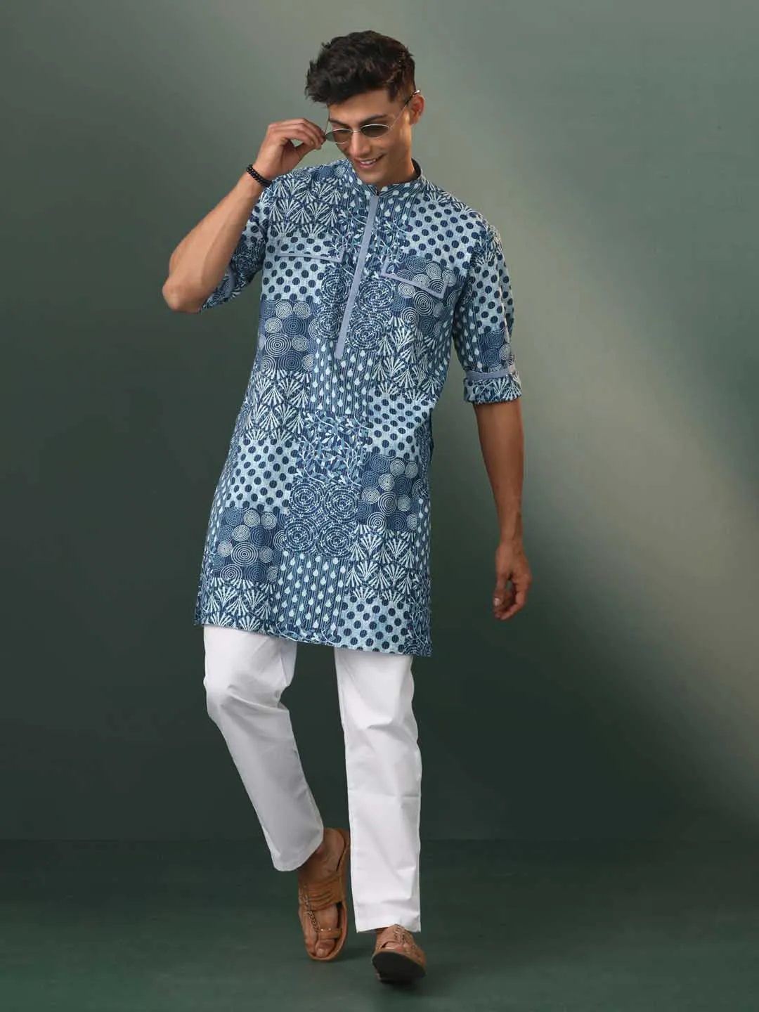 VASTRAMAY Grey Block Print Kurta Pyjama