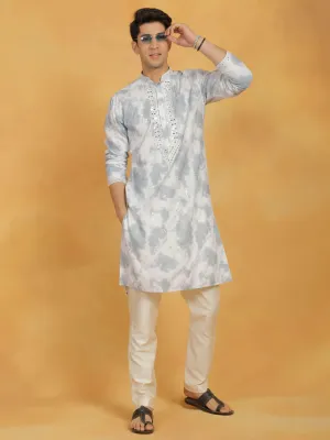 VASTRAMAY Grey Cream Cotton Blend Kurta Pyjama