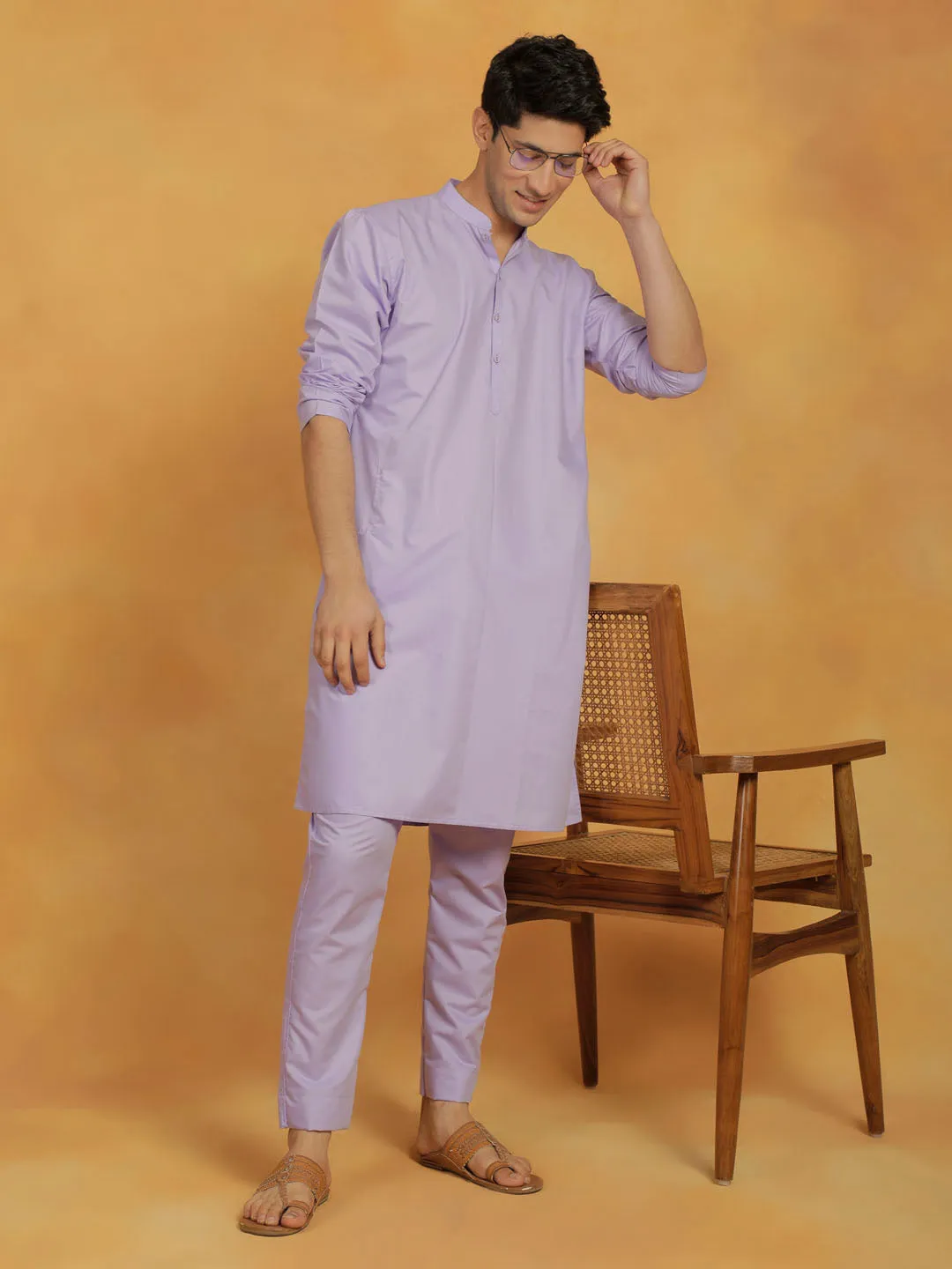 VASTRAMAY Lavender Cotton Silk Kurta Pyjama Set