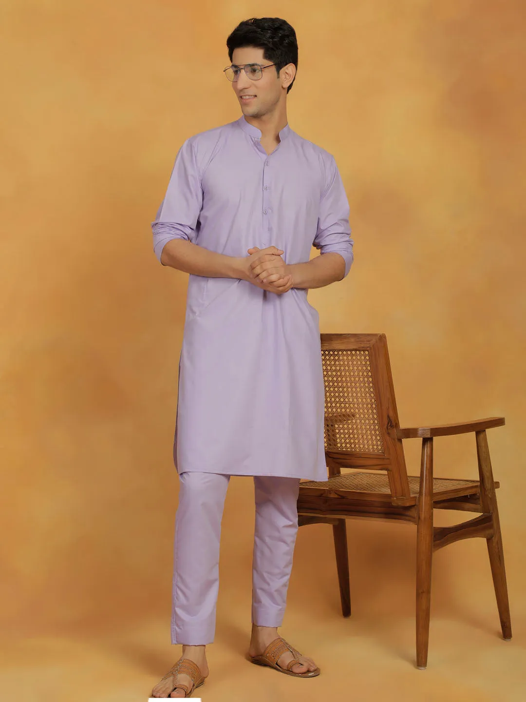 VASTRAMAY Lavender Cotton Silk Kurta Pyjama Set