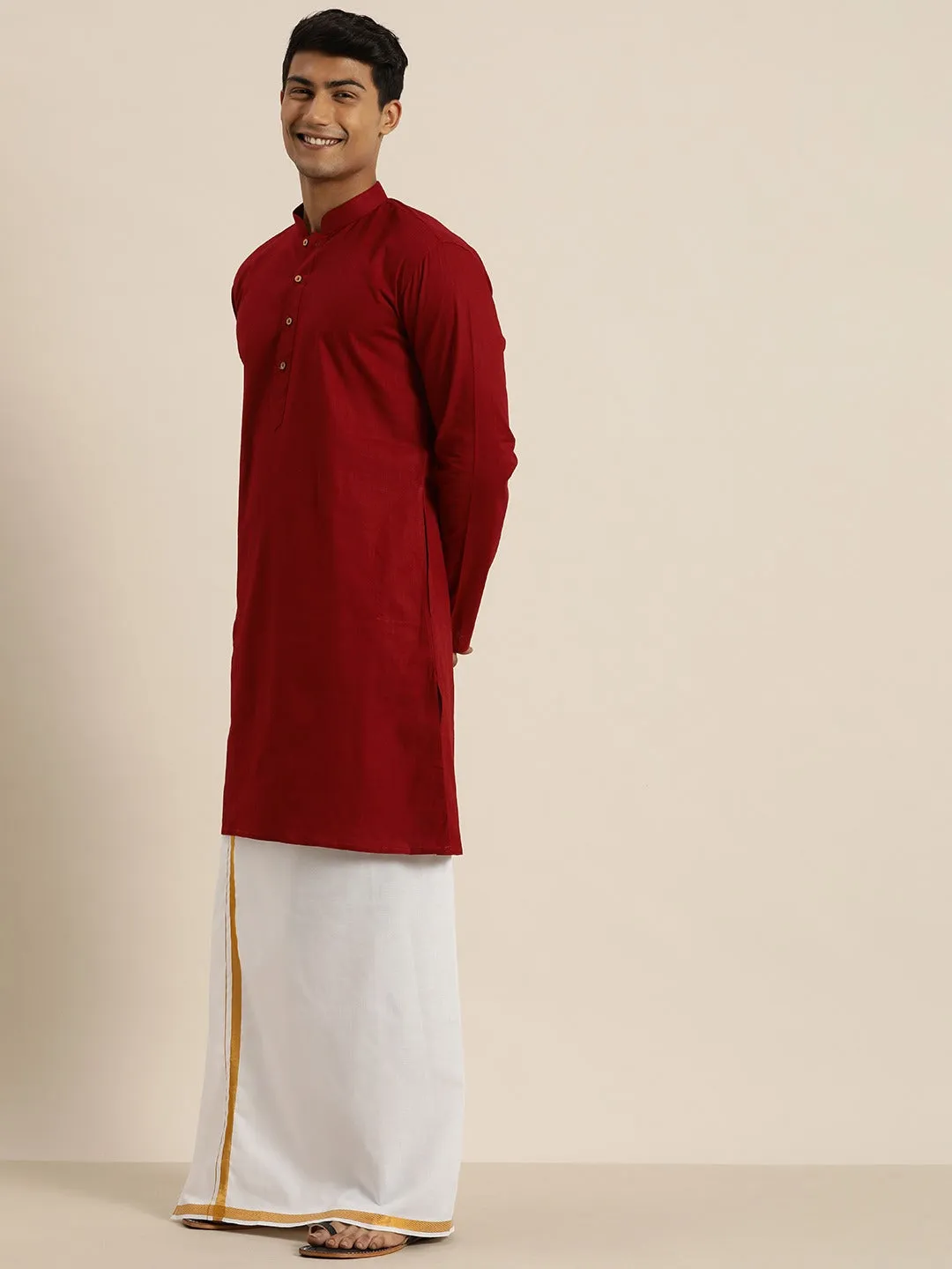 Vastramay Maroon Cotton Kurta And Mundu