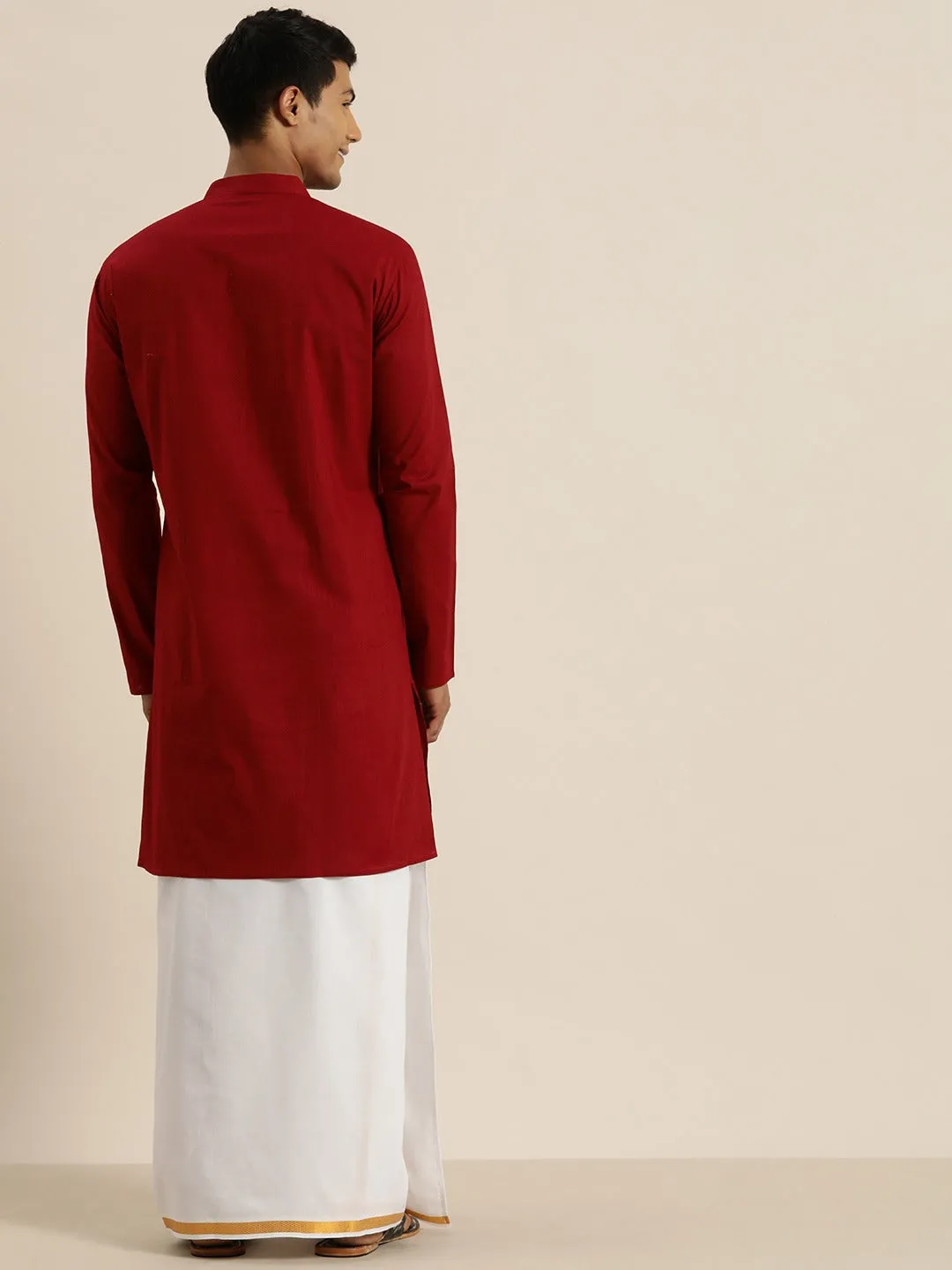 Vastramay Maroon Cotton Kurta And Mundu