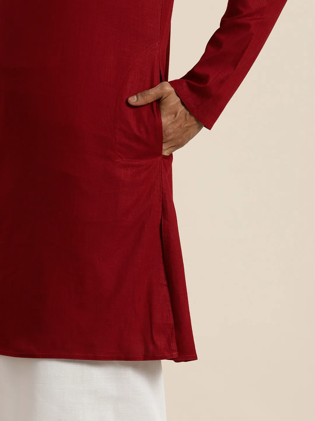 Vastramay Maroon Cotton Kurta And Mundu