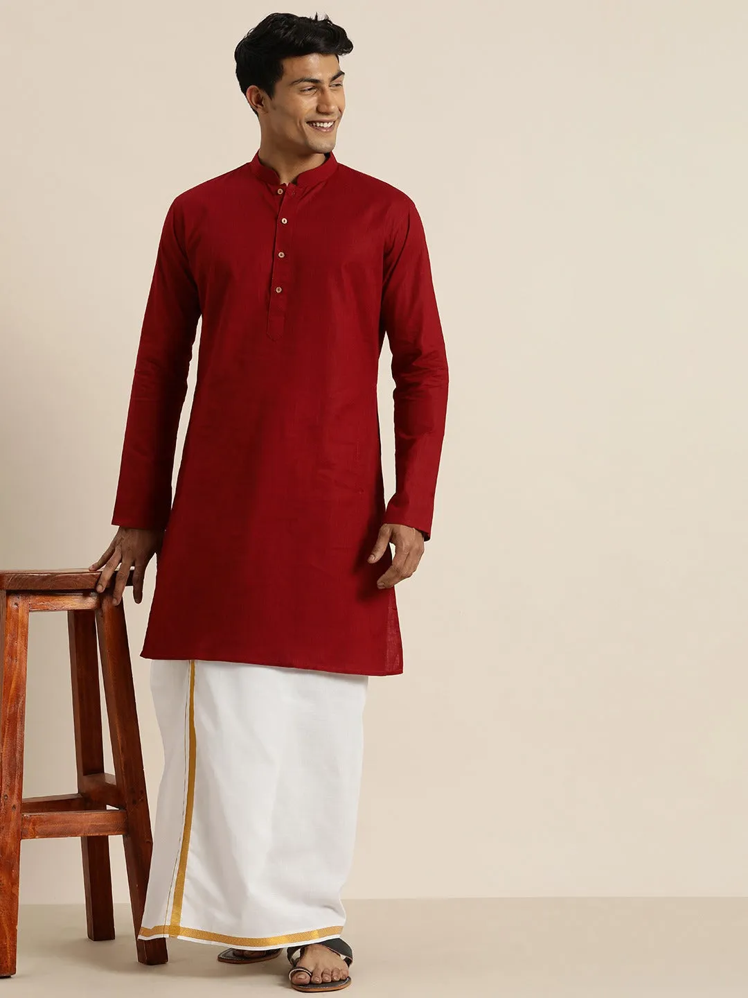 Vastramay Maroon Cotton Kurta And Mundu