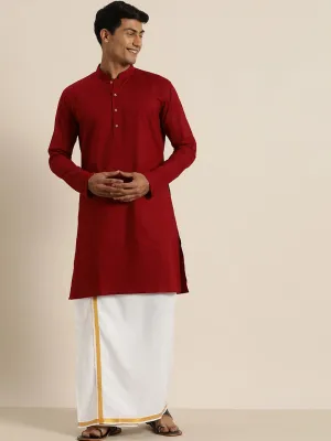 Vastramay Maroon Cotton Kurta And Mundu