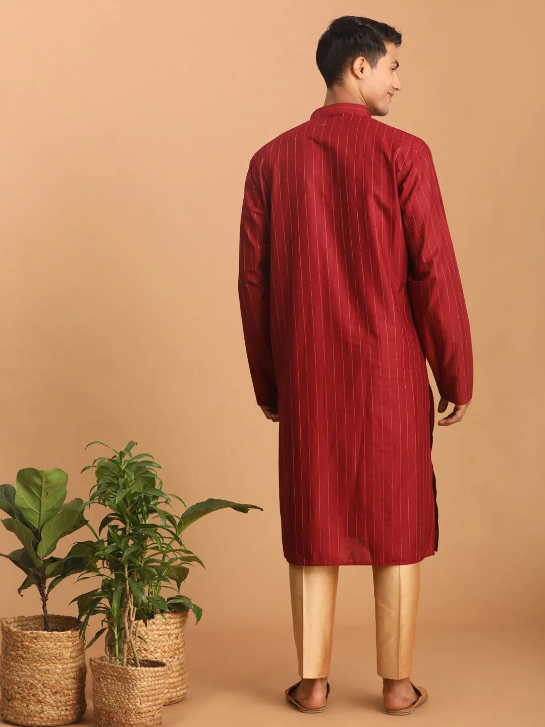 VASTRAMAY Maroon Striped Kurta and Pant Set