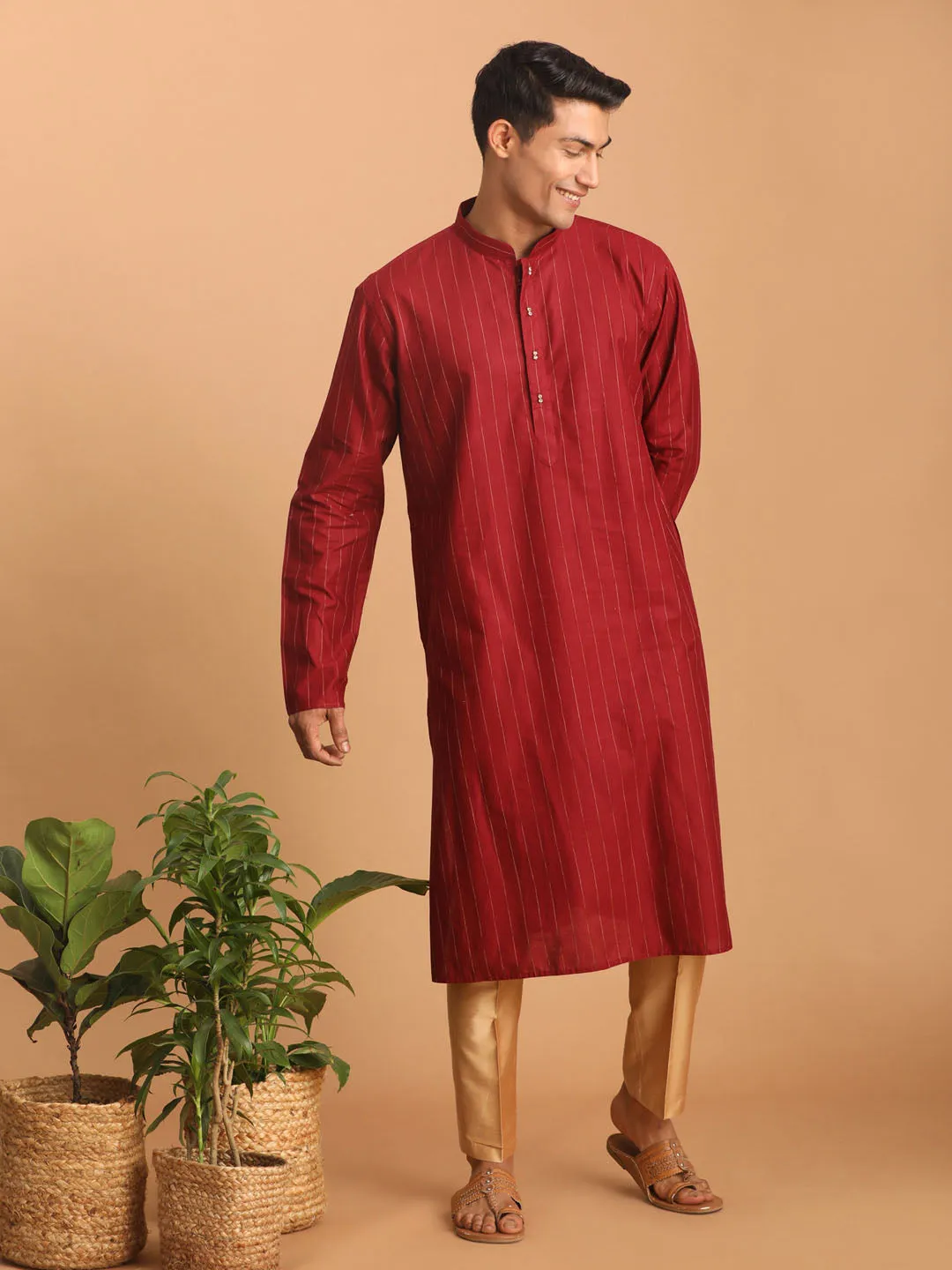 VASTRAMAY Maroon Striped Kurta and Pant Set