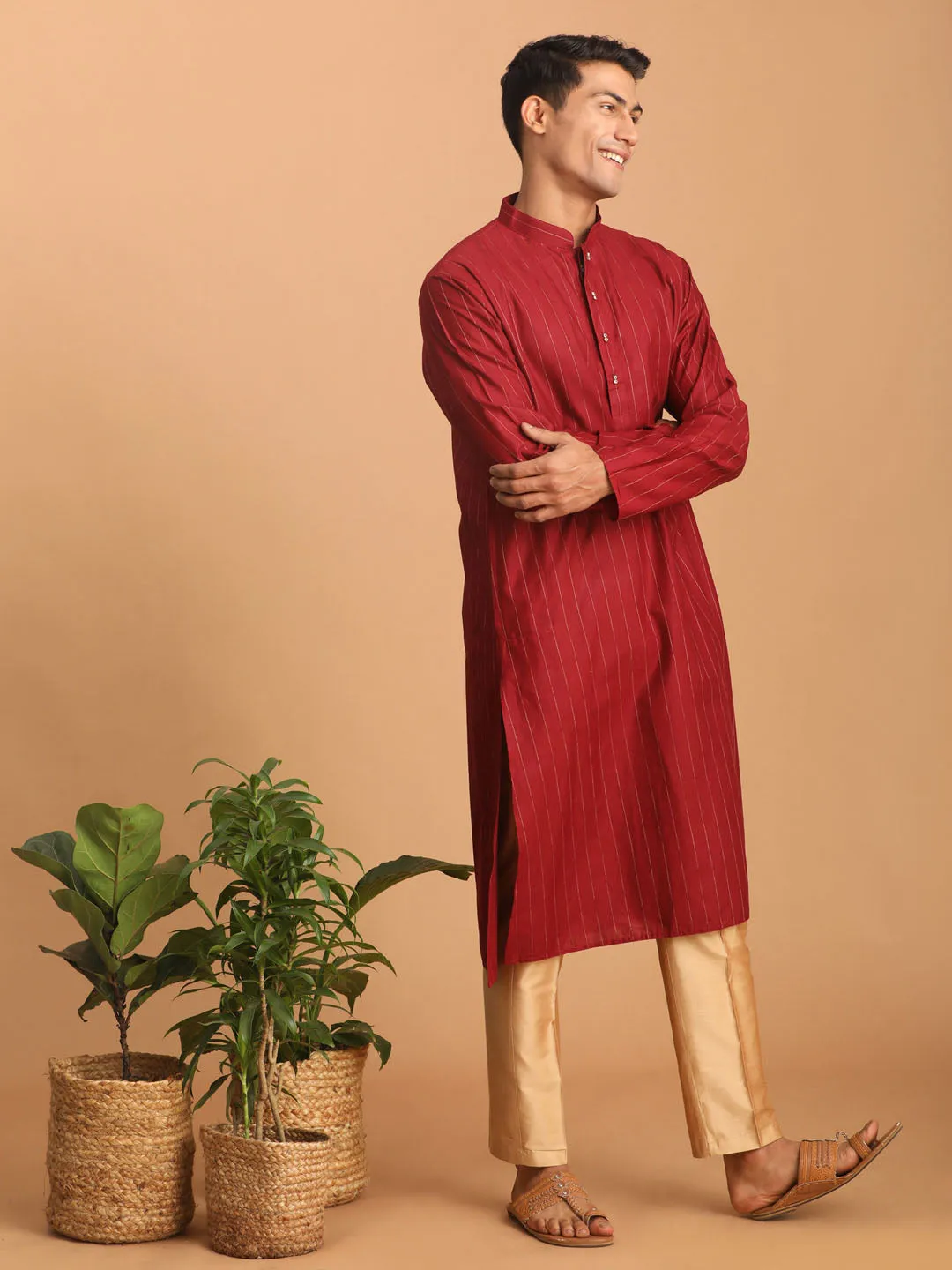 VASTRAMAY Maroon Striped Kurta and Pant Set