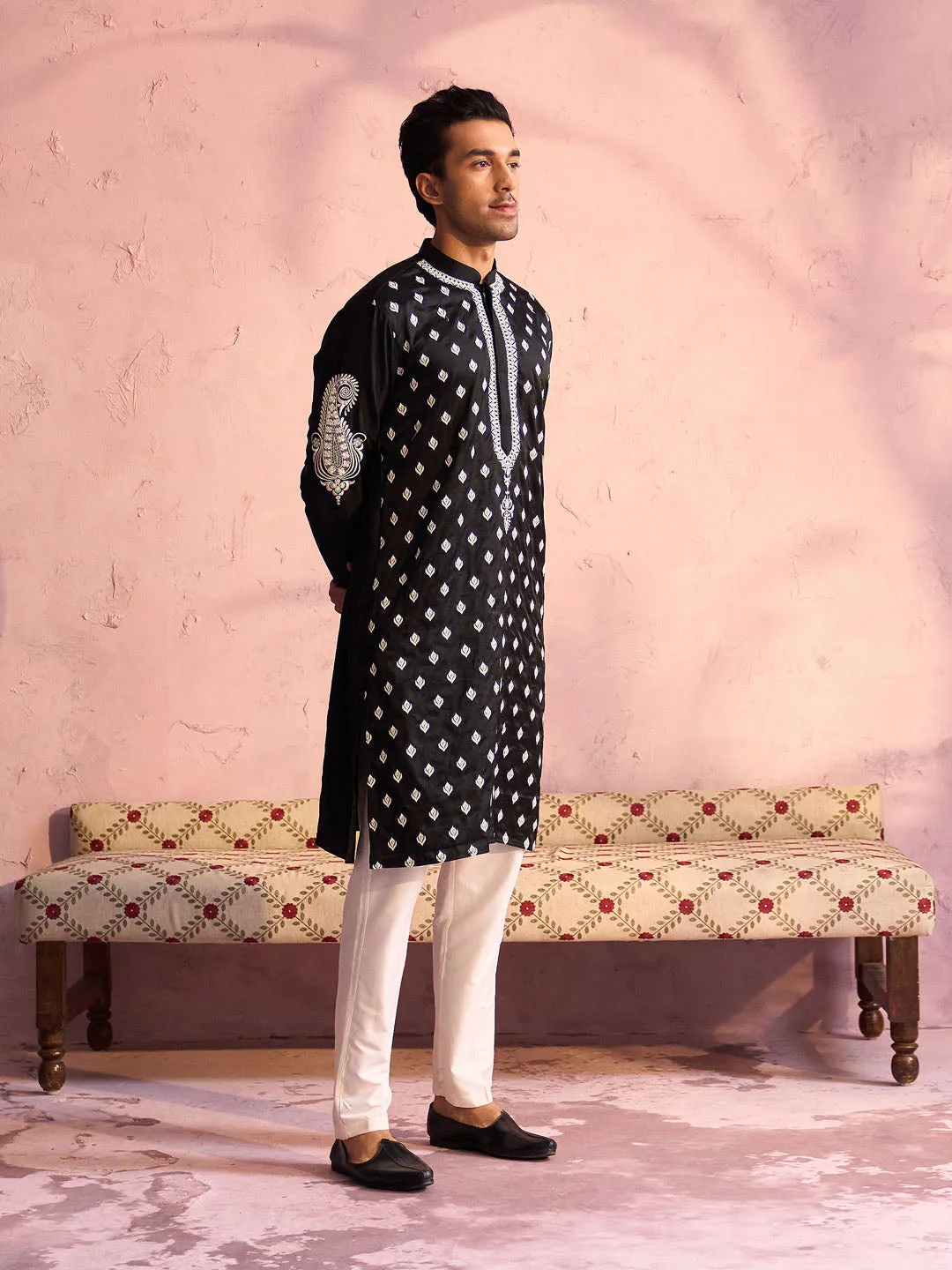 Vastramay Men's Black Silk Ethnic Kurta Set