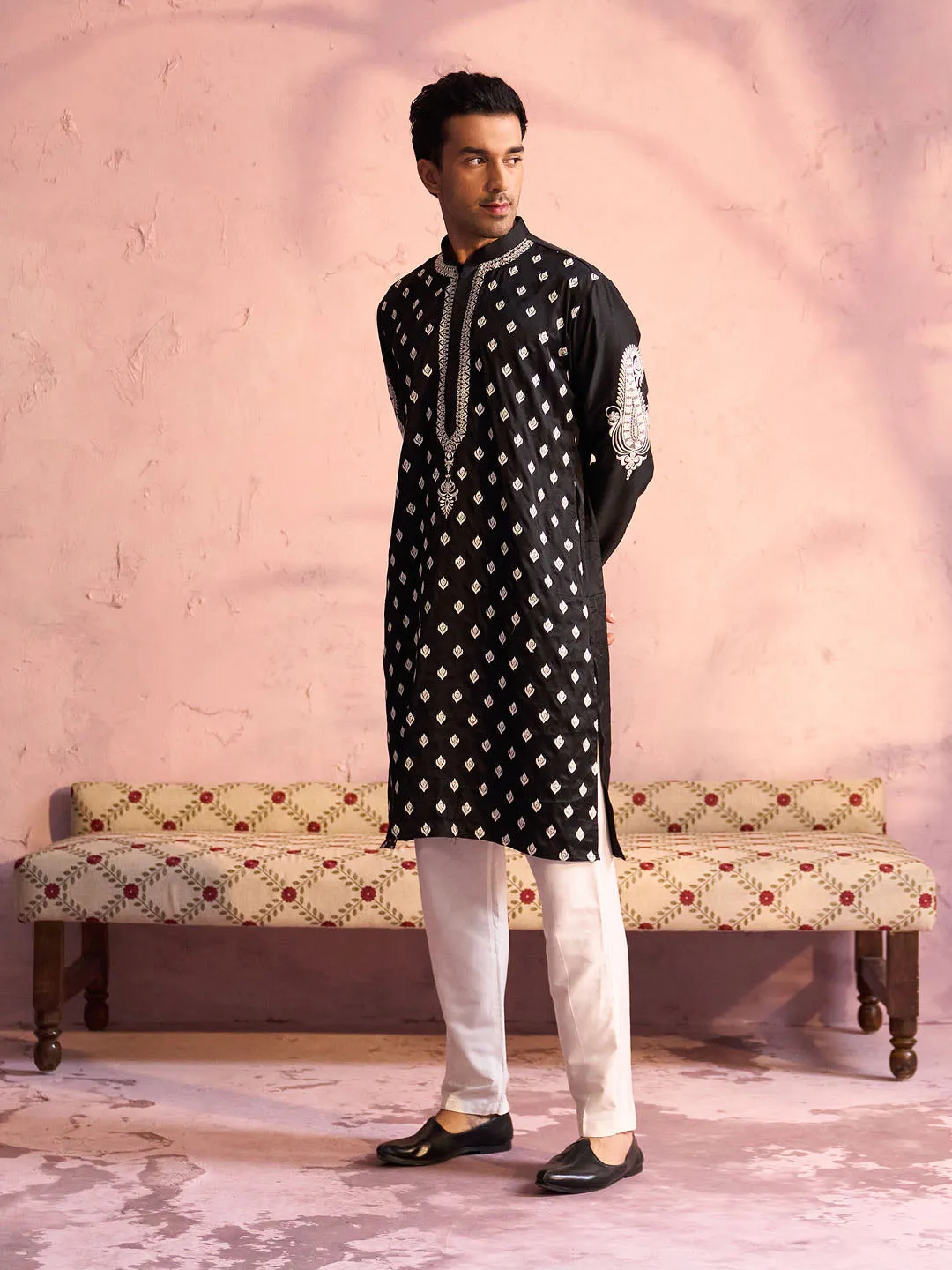 Vastramay Men's Black Silk Ethnic Kurta Set