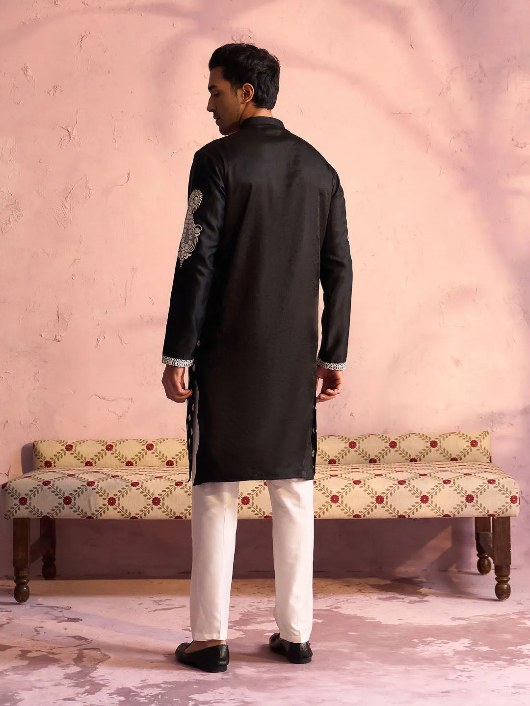 Vastramay Men's Black Silk Ethnic Kurta Set