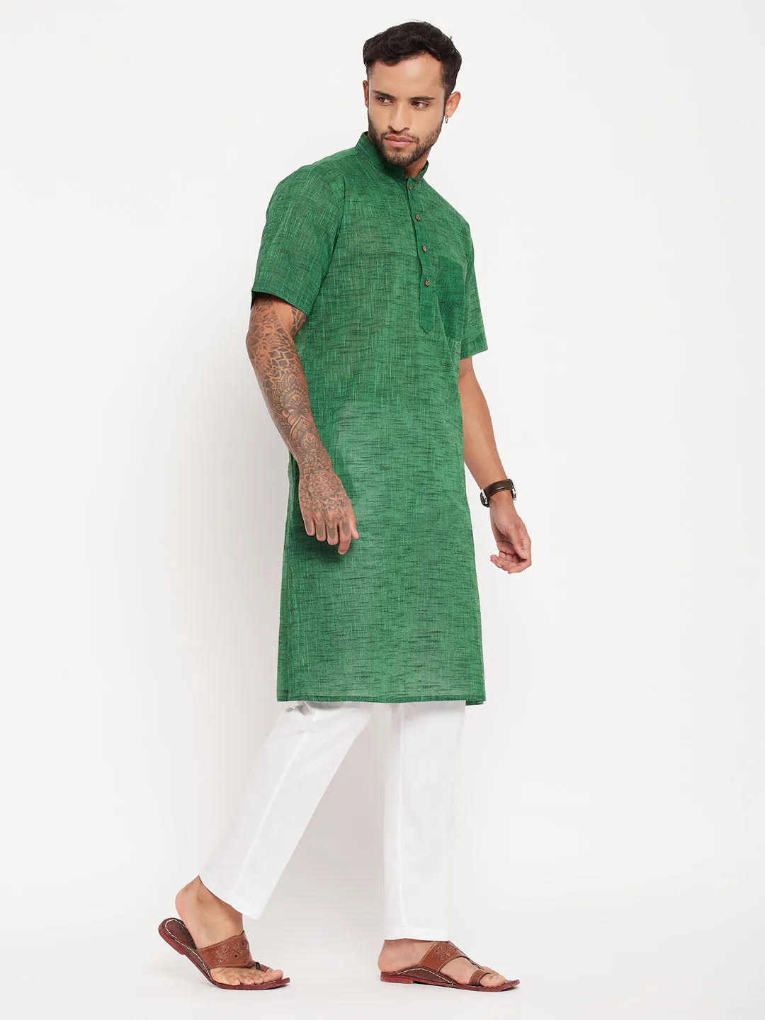 VASTRAMAY Men's Green Cotton Kurta Set