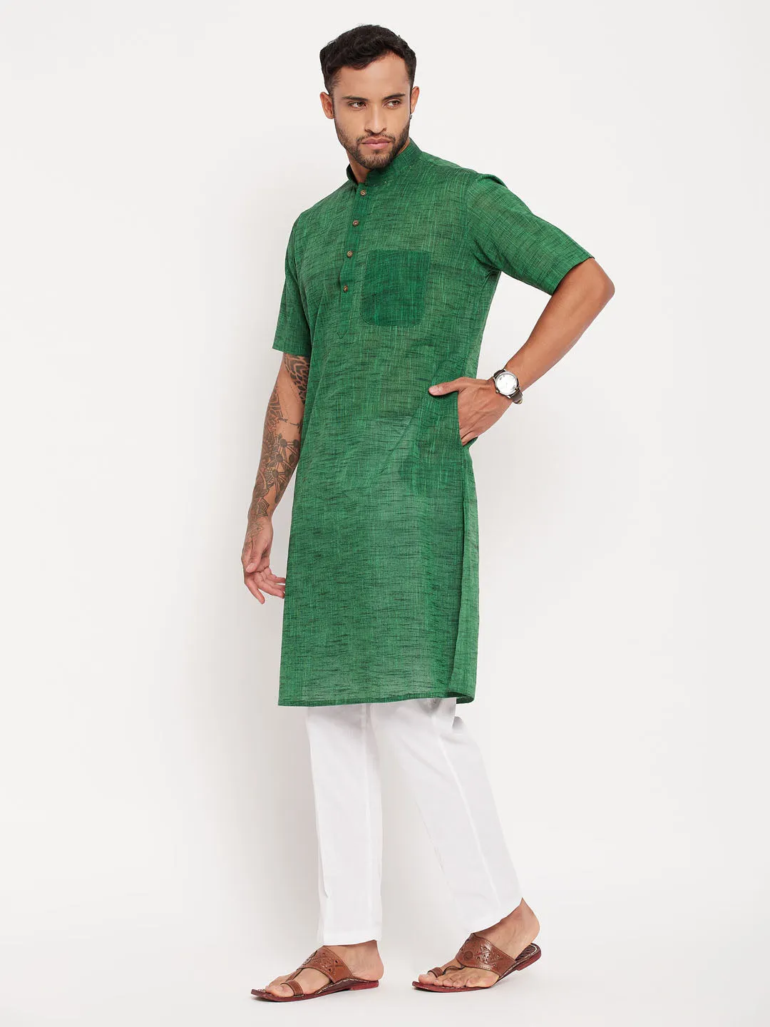 VASTRAMAY Men's Green Cotton Kurta Set