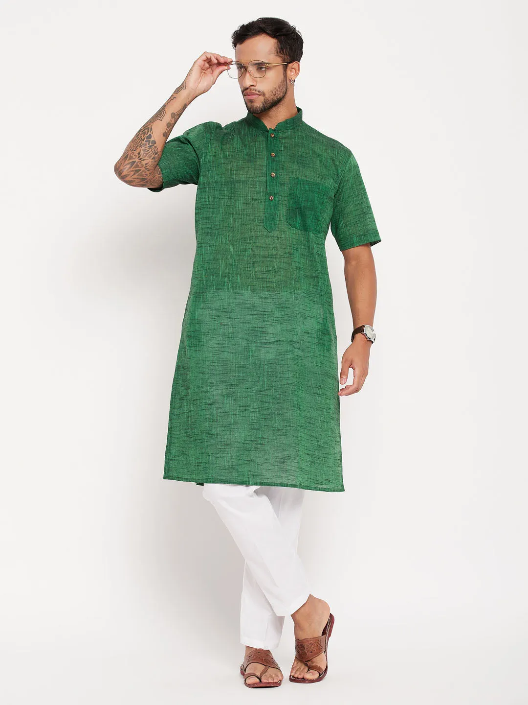 VASTRAMAY Men's Green Cotton Kurta Set