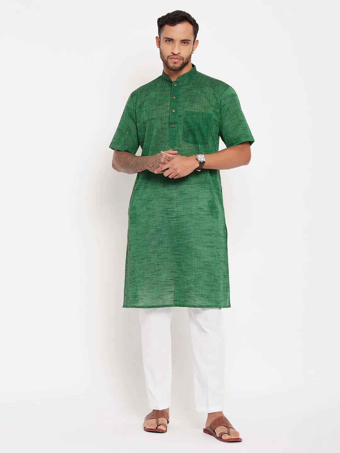 VASTRAMAY Men's Green Cotton Kurta Set